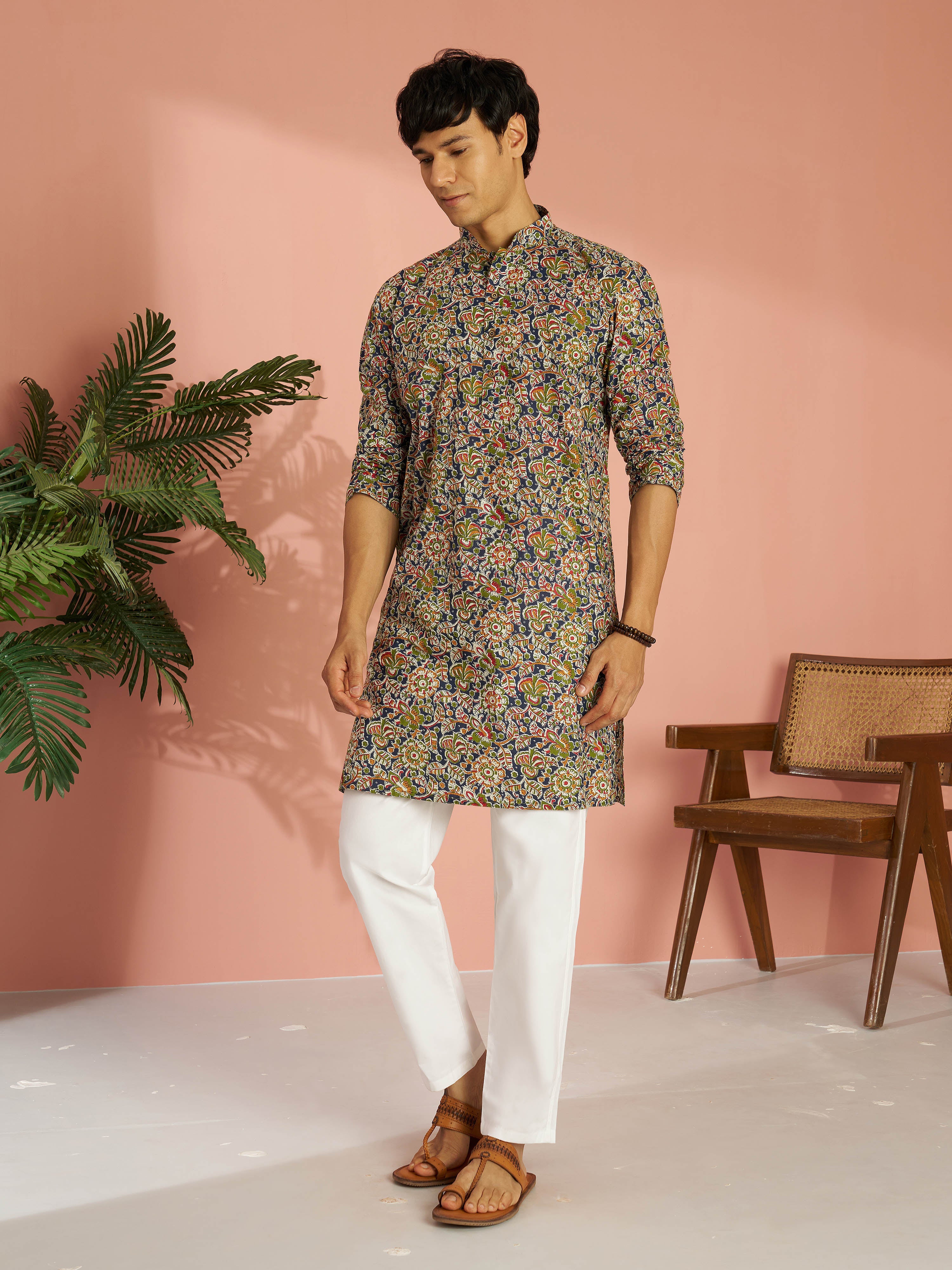 Men's Multicolour Cotton Floral Printed Kurta with White Pyjama Set