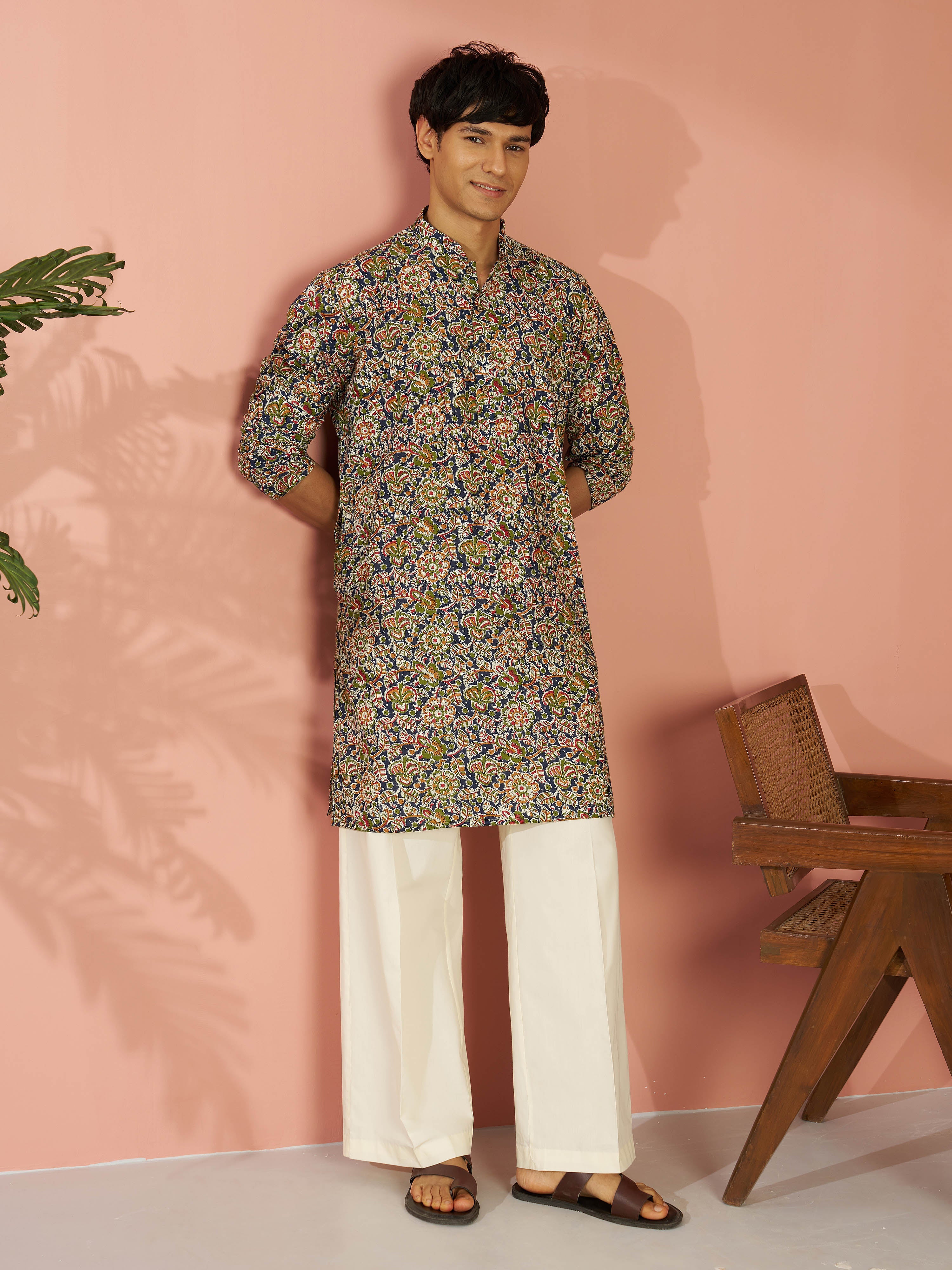 Men's Multicolour Cotton Floral Printed Kurta with Cream Wide Leg Pant Set