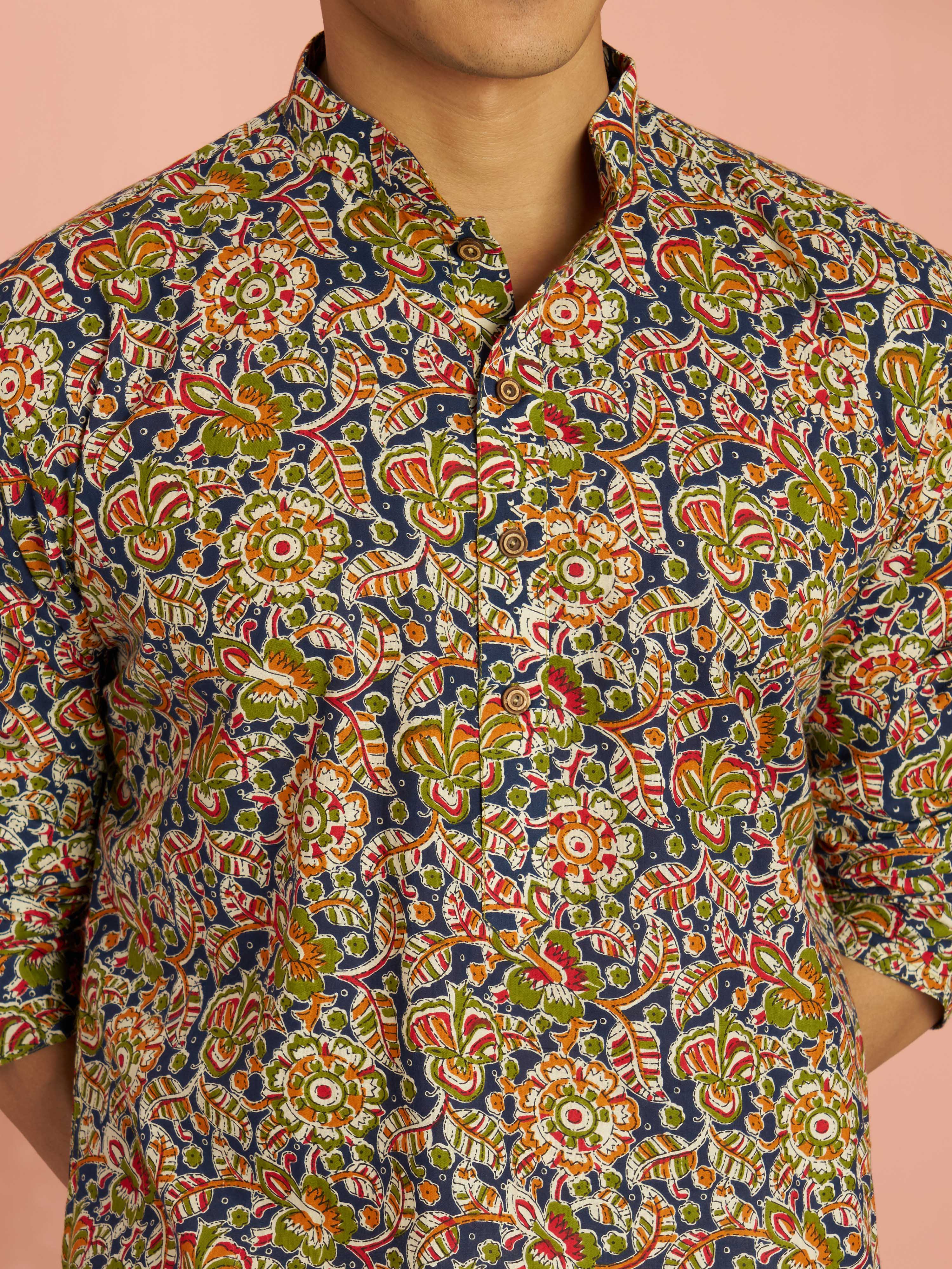 Men's Multicolour Cotton Floral Printed Kurta with Cream Wide Leg Pant Set