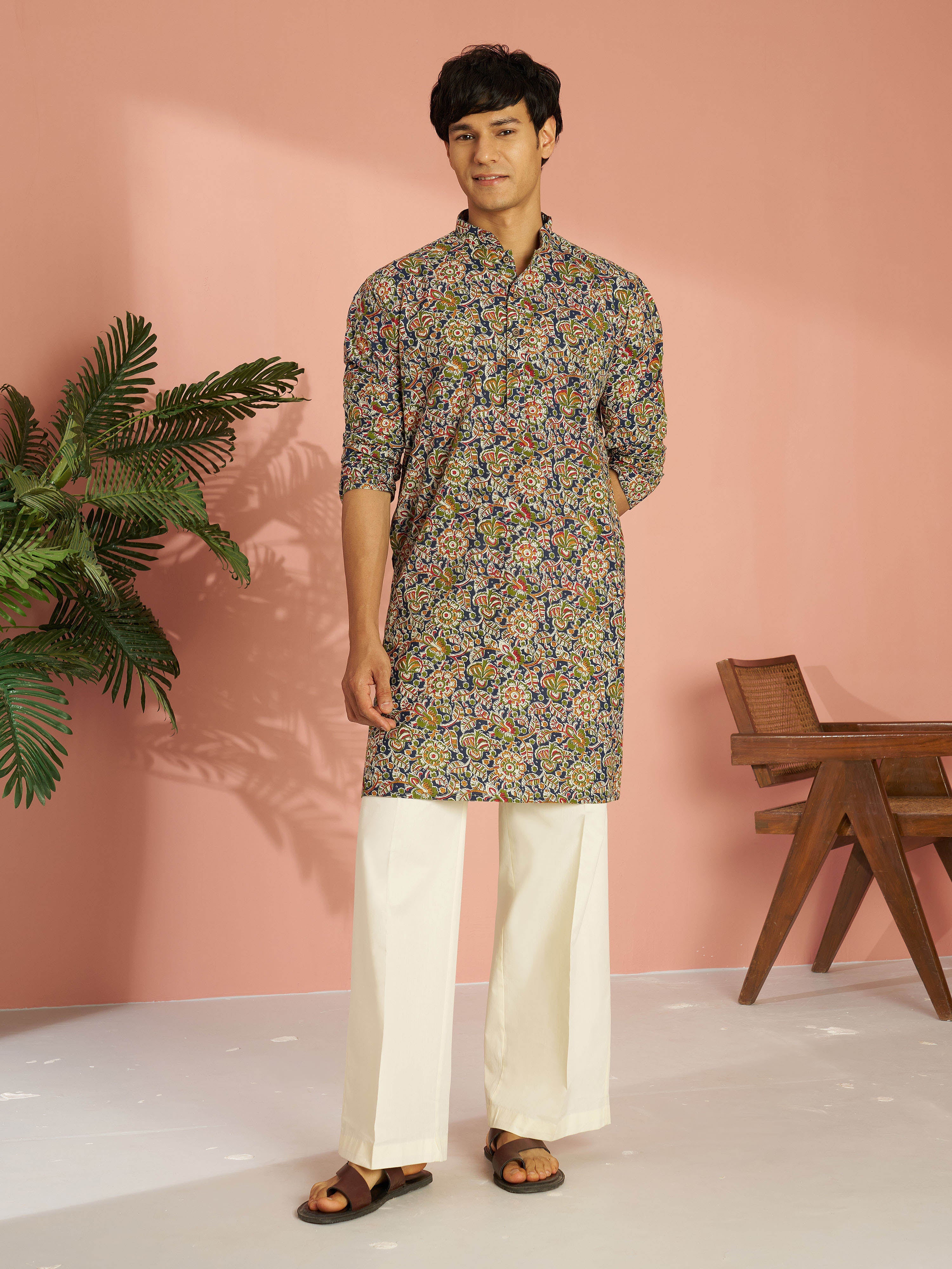 Men's Multicolour Cotton Floral Printed Kurta with Cream Wide Leg Pant Set