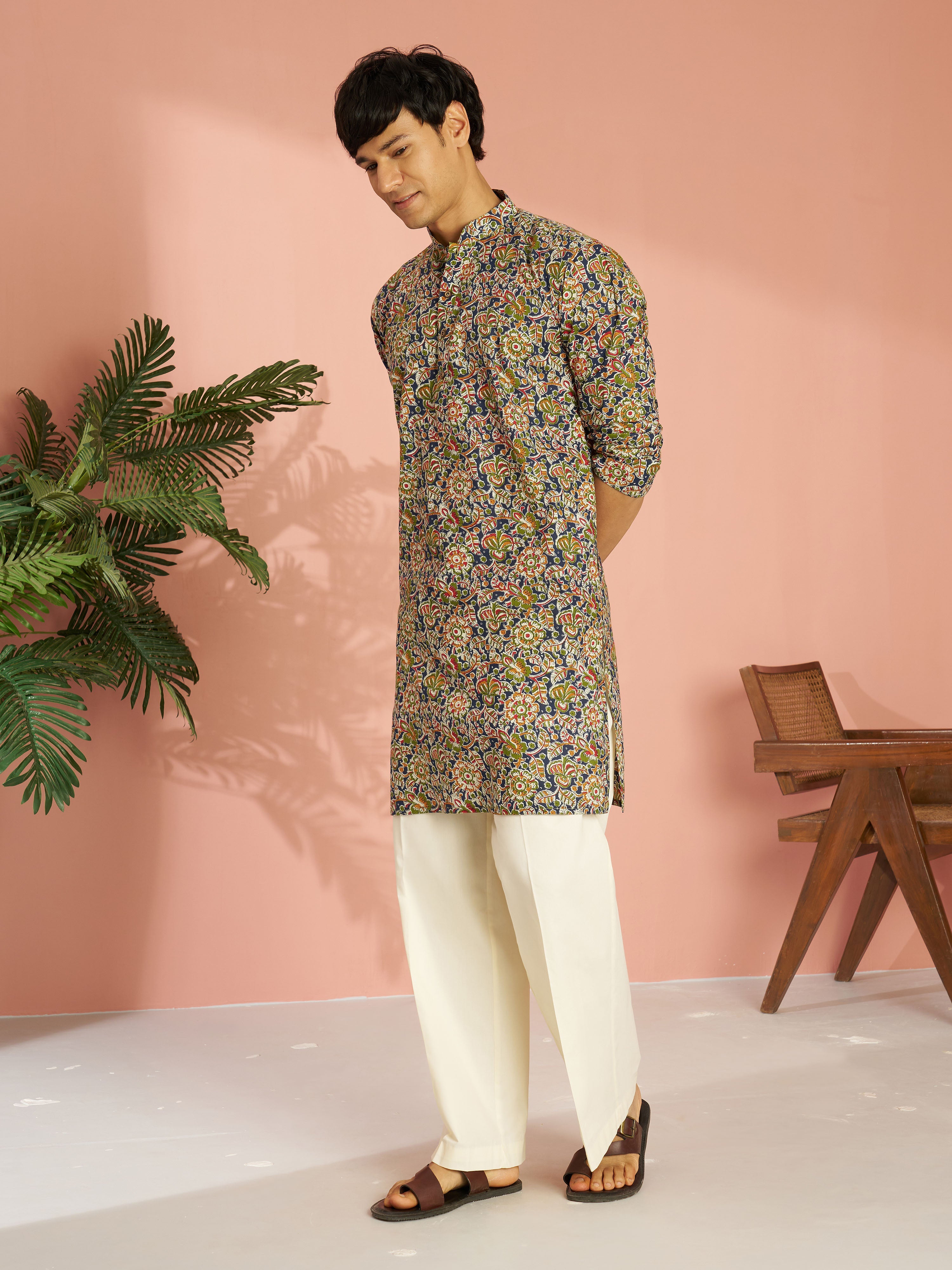 Men's Multicolour Cotton Floral Printed Kurta with Cream Wide Leg Pant Set