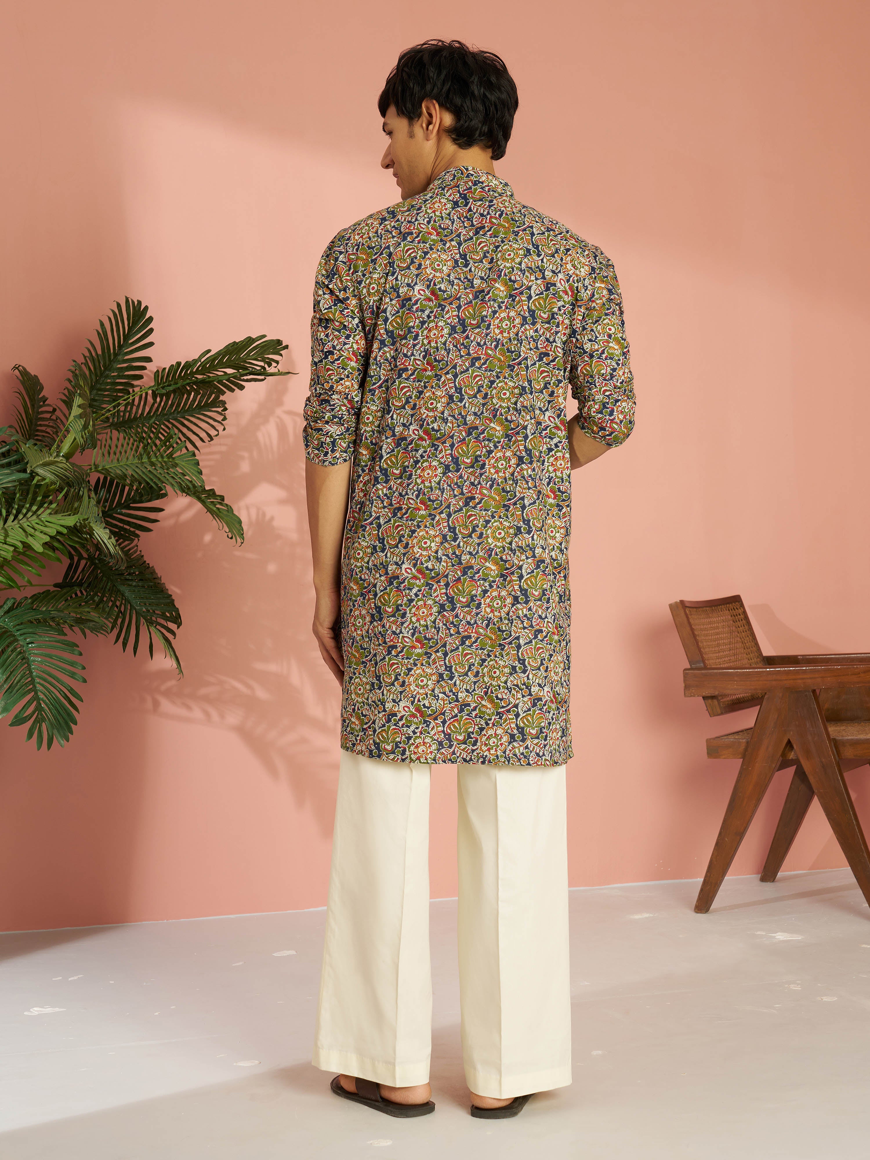 Men's Multicolour Cotton Floral Printed Kurta with Cream Wide Leg Pant Set