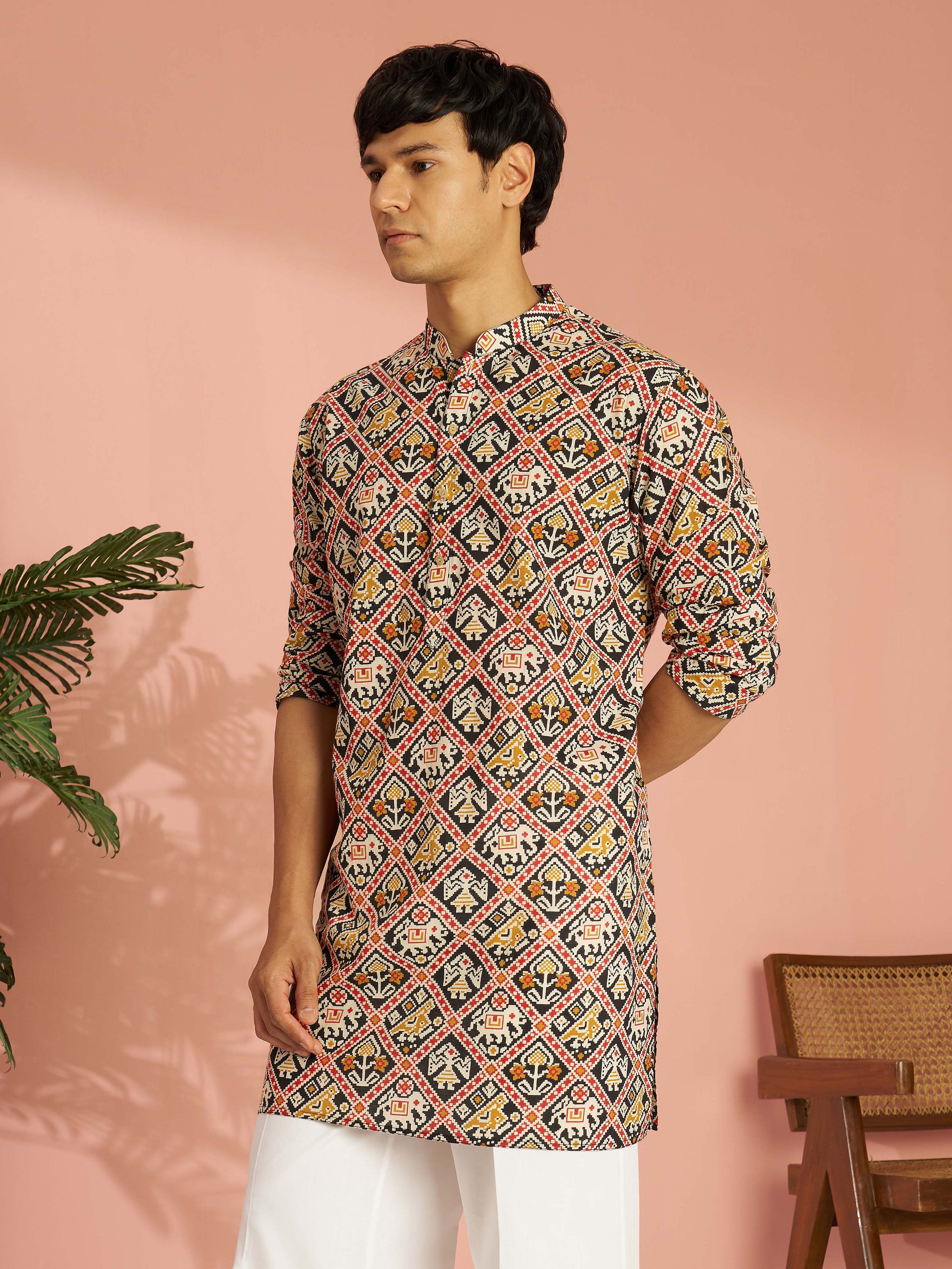 Men's Black Cotton Patola Printed Mid-Length Kurta