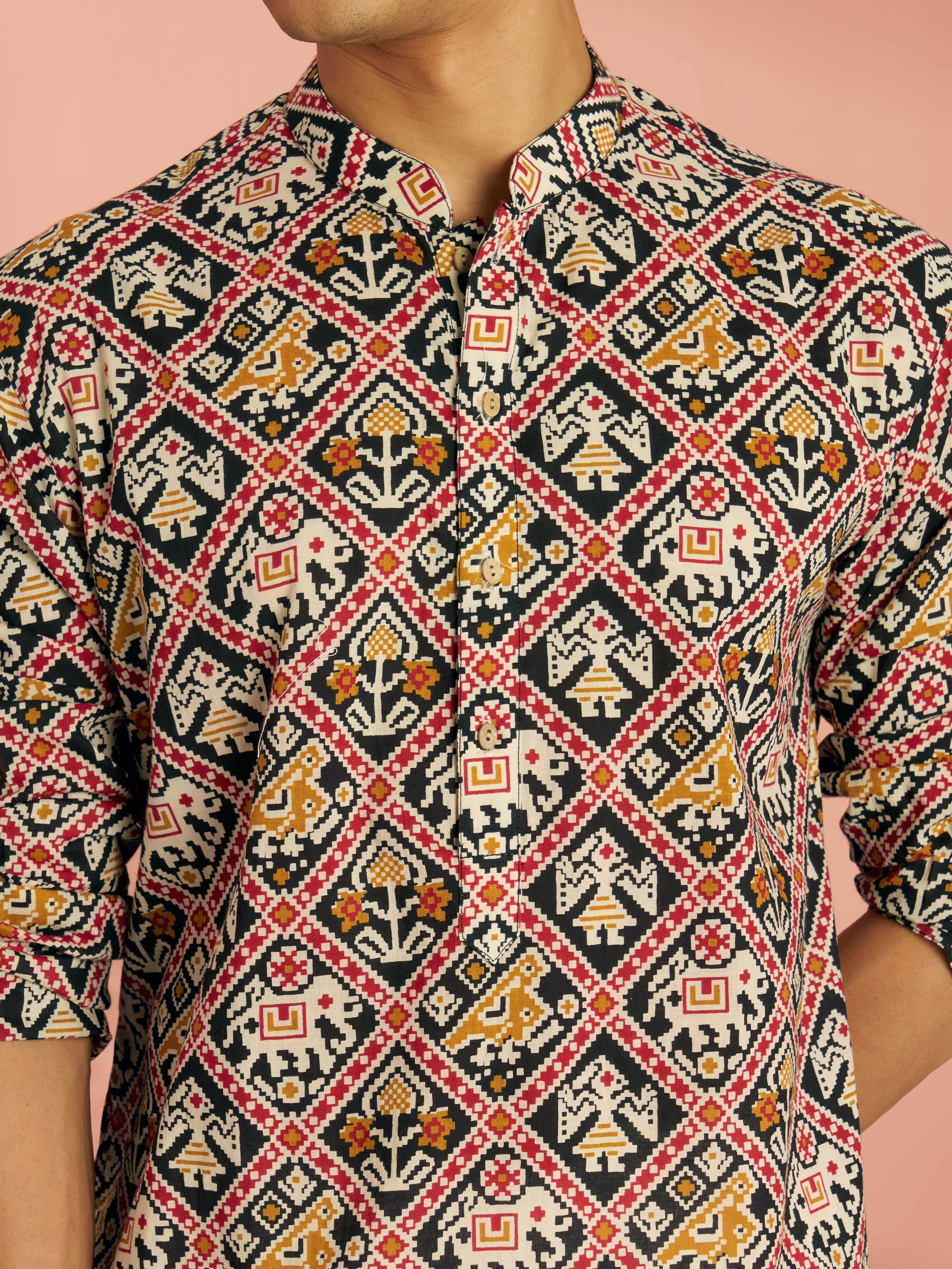 Men's Black Cotton Patola Printed Kurta with White Pyjama Set
