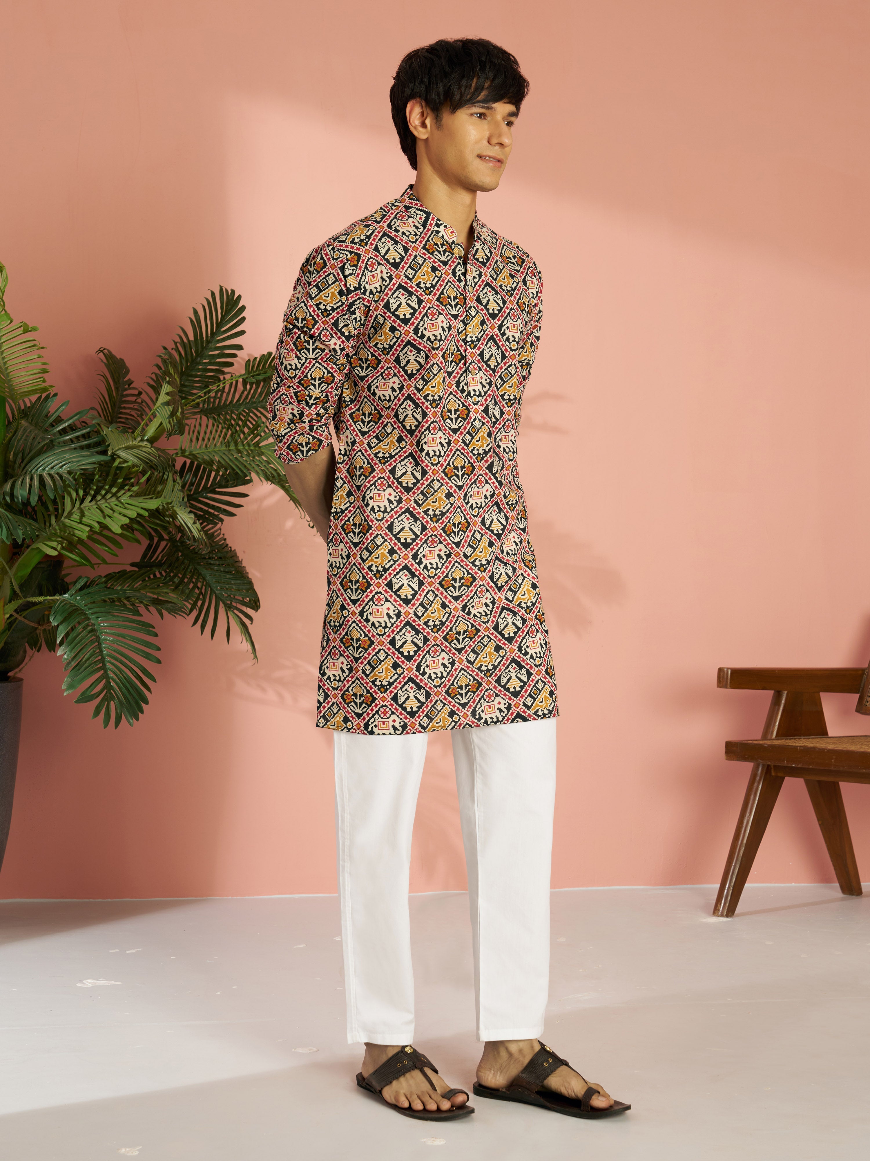 Men's Black Cotton Patola Printed Kurta with White Pyjama Set