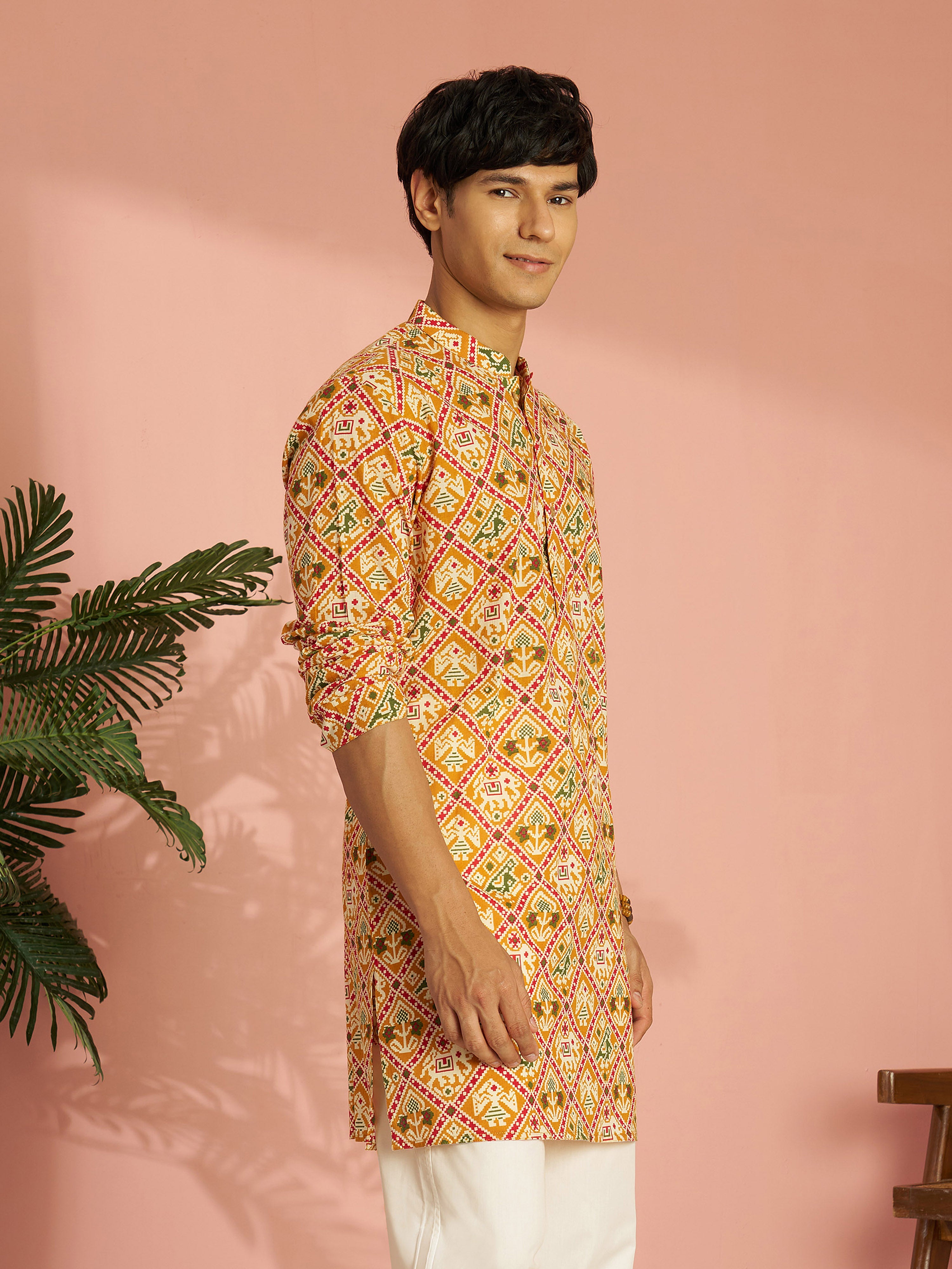 Men's Yellow Cotton Patola Printed Mid-Length Kurta