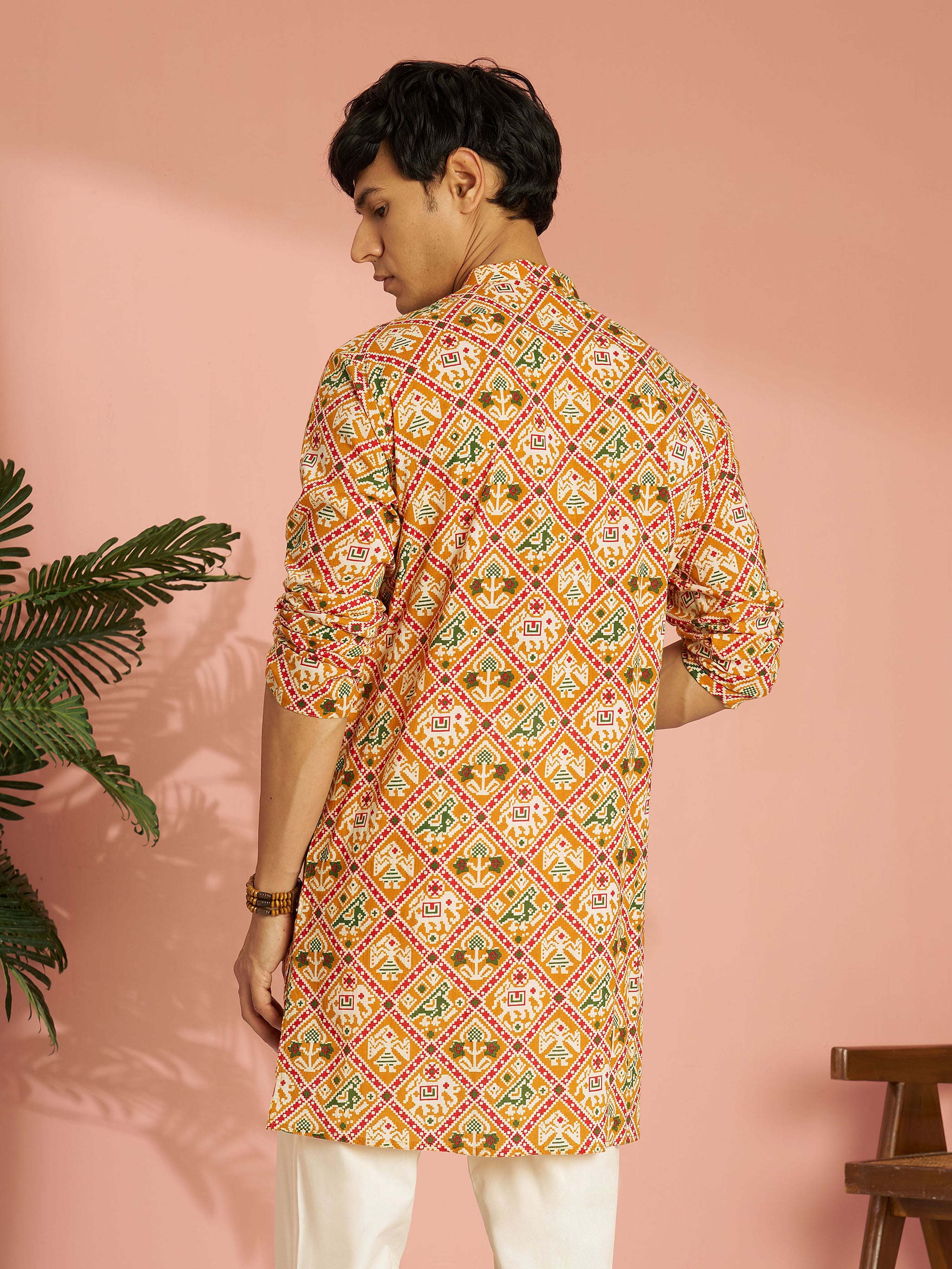 Men's Yellow Cotton Patola Printed Mid-Length Kurta