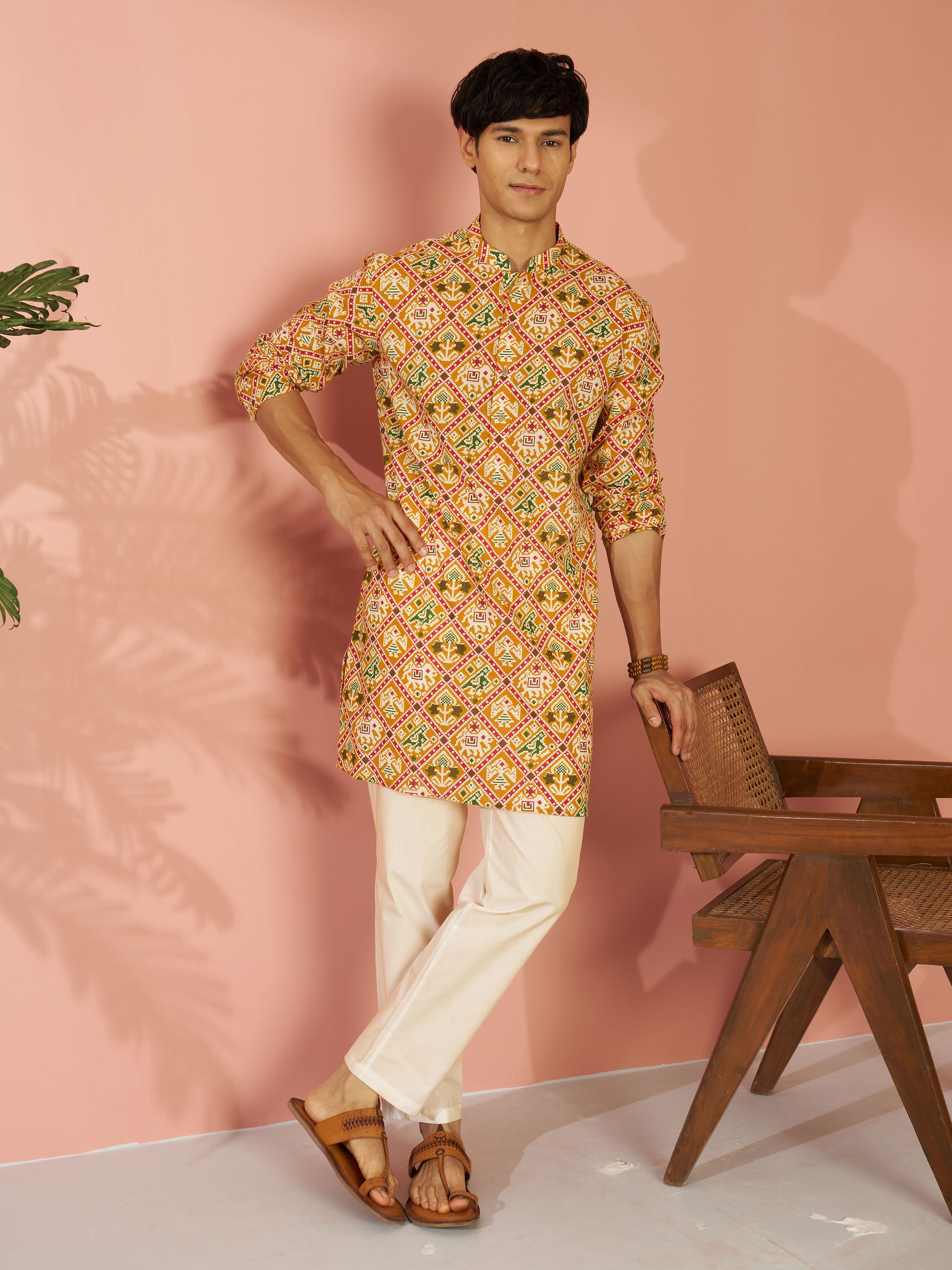 Men's Yellow Cotton Patola Printed Mid-Length Kurta