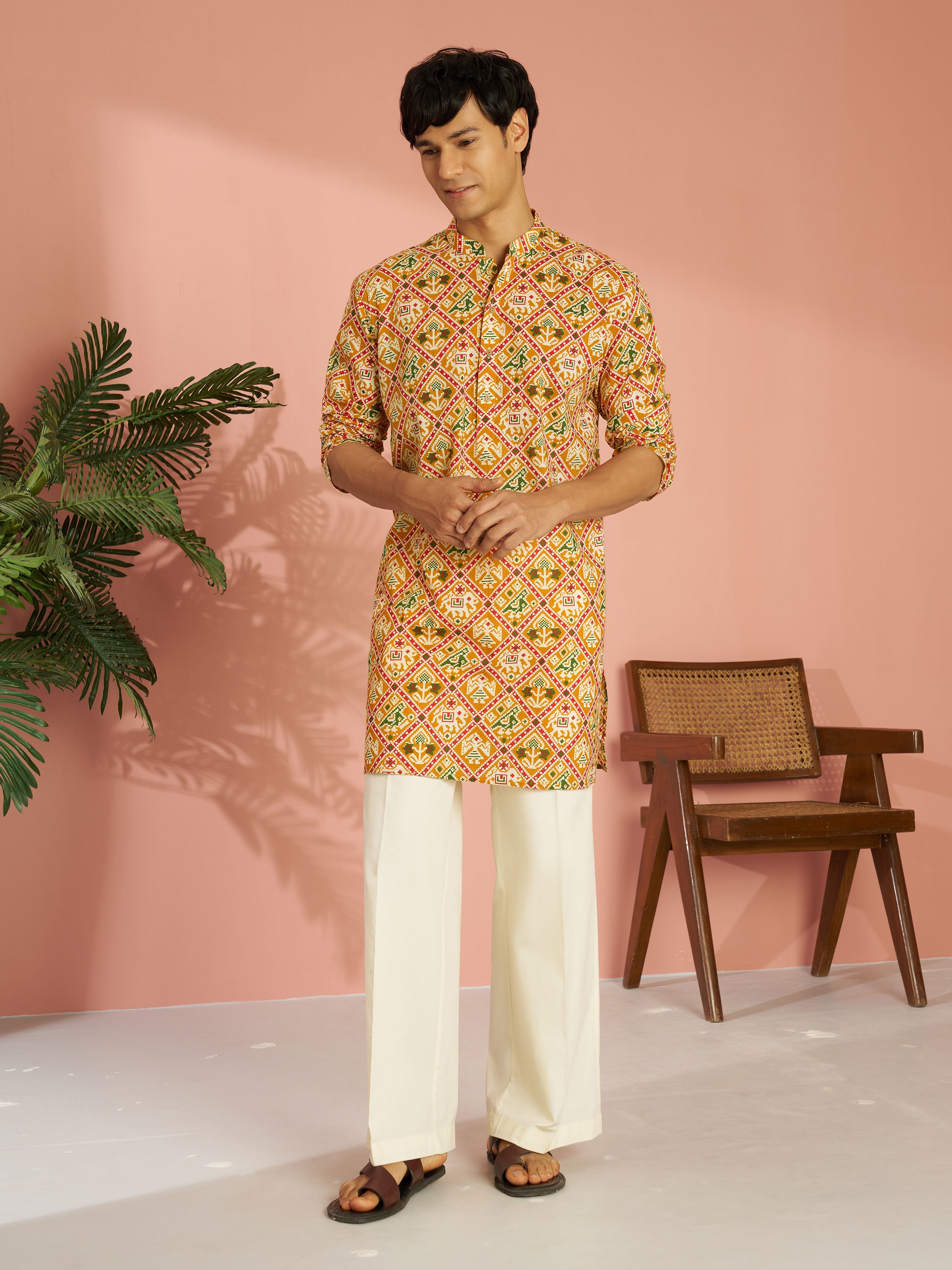 Men's Yellow Cotton Patola Printed Kurta with Cream Wide Leg Pant Set
