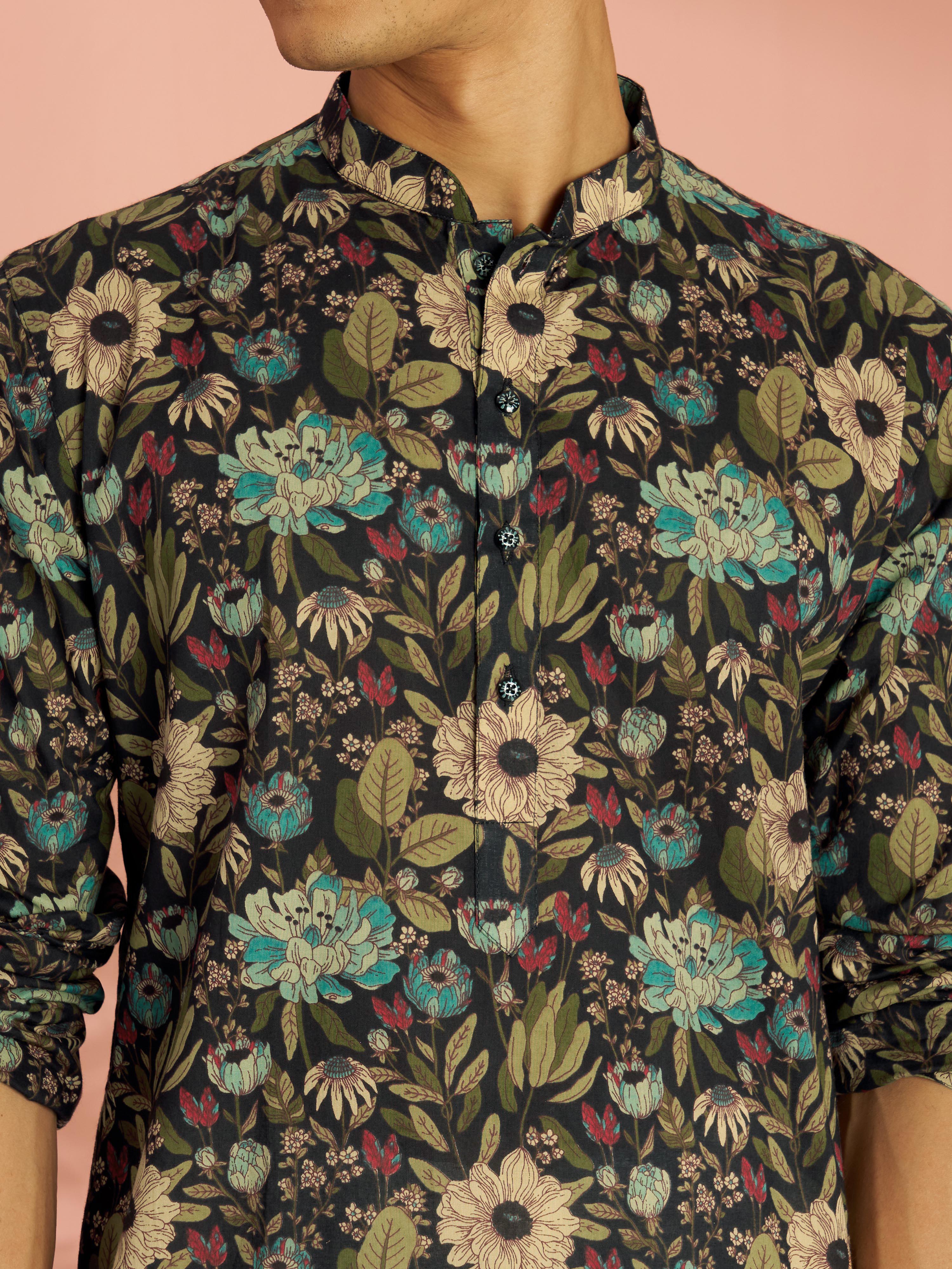 Men's Black Cotton Floral Printed Mid-Length Kurta