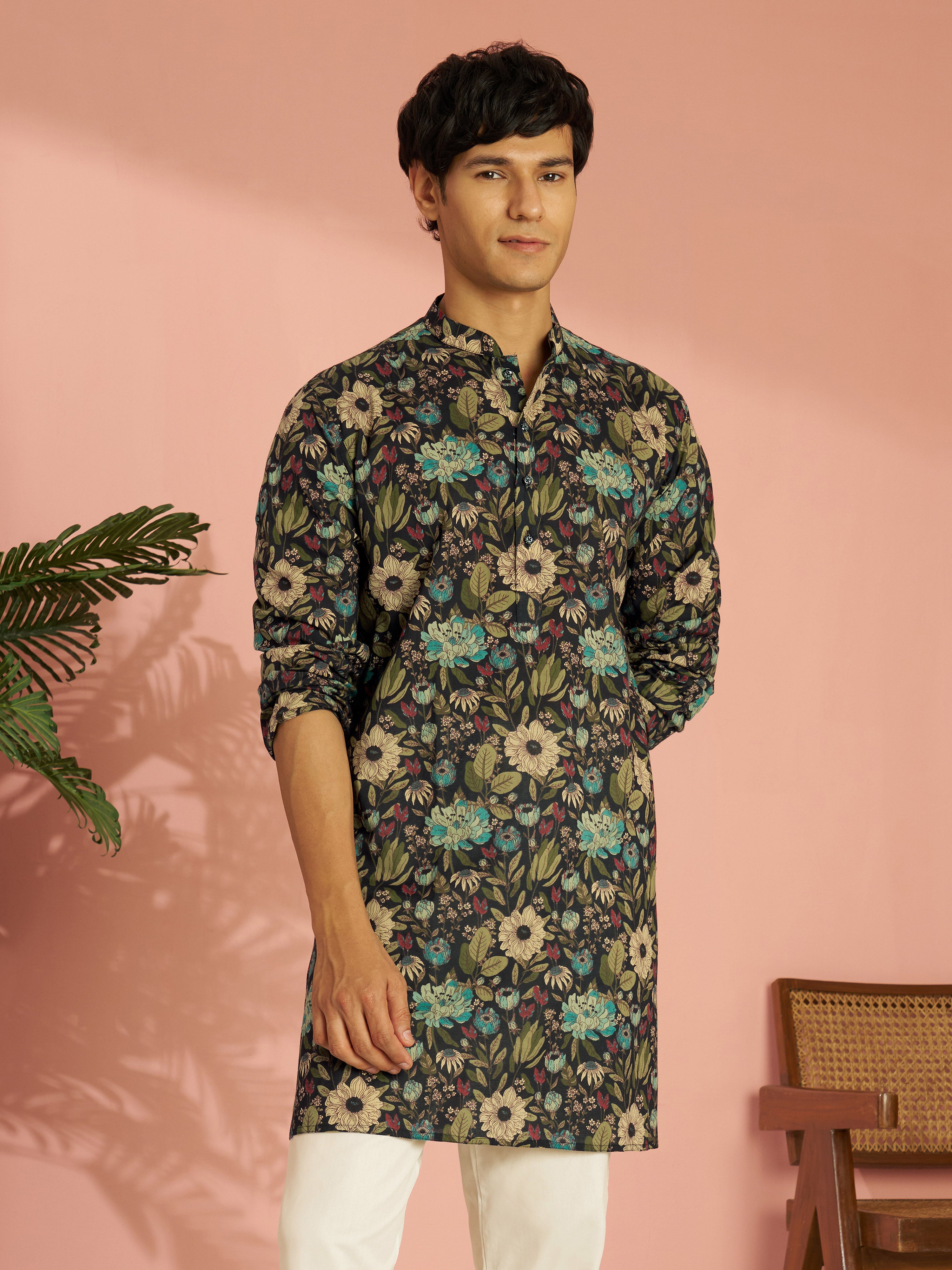 Men's Black Cotton Floral Printed Mid-Length Kurta