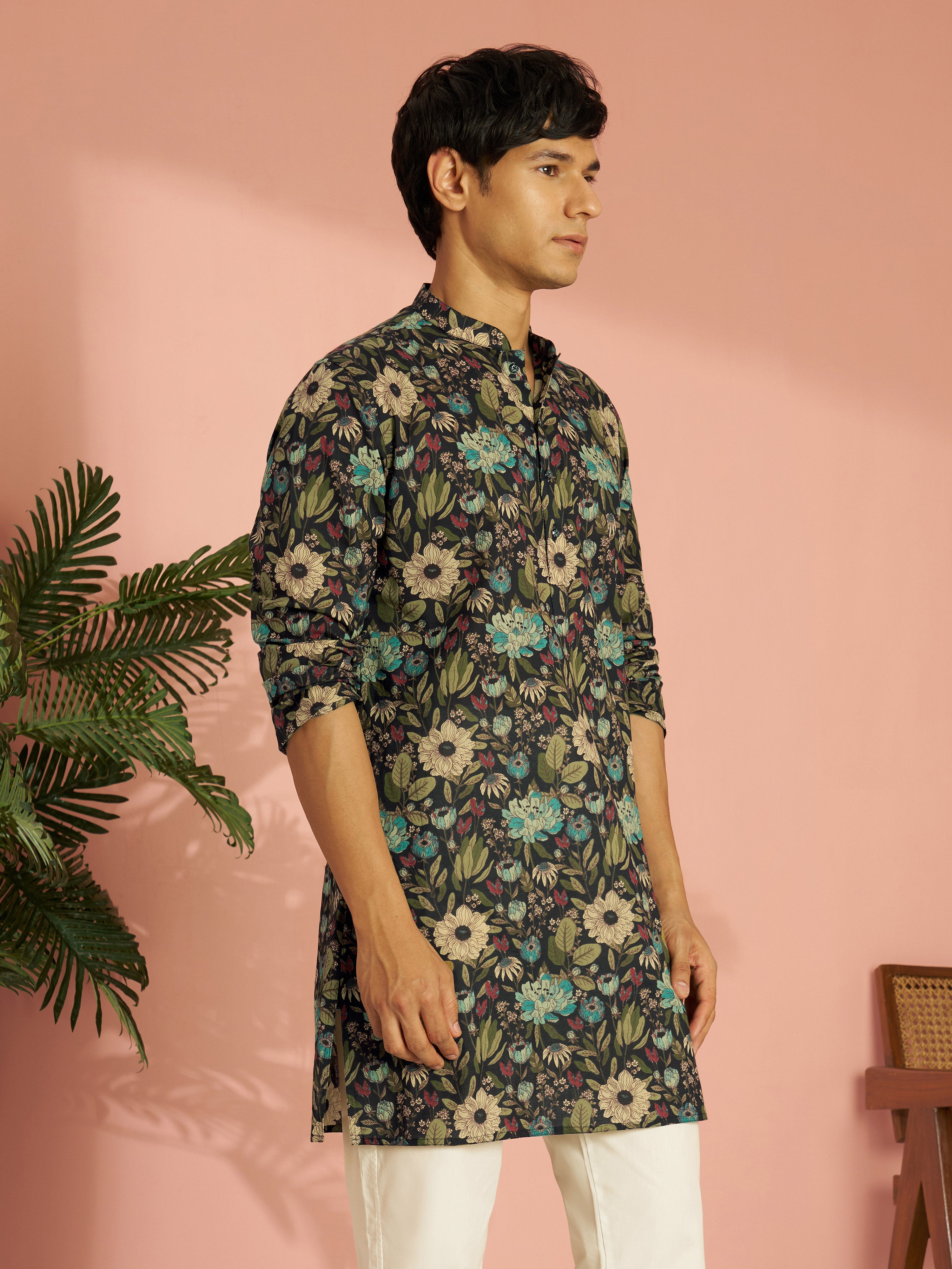 Men's Black Cotton Floral Printed Mid-Length Kurta