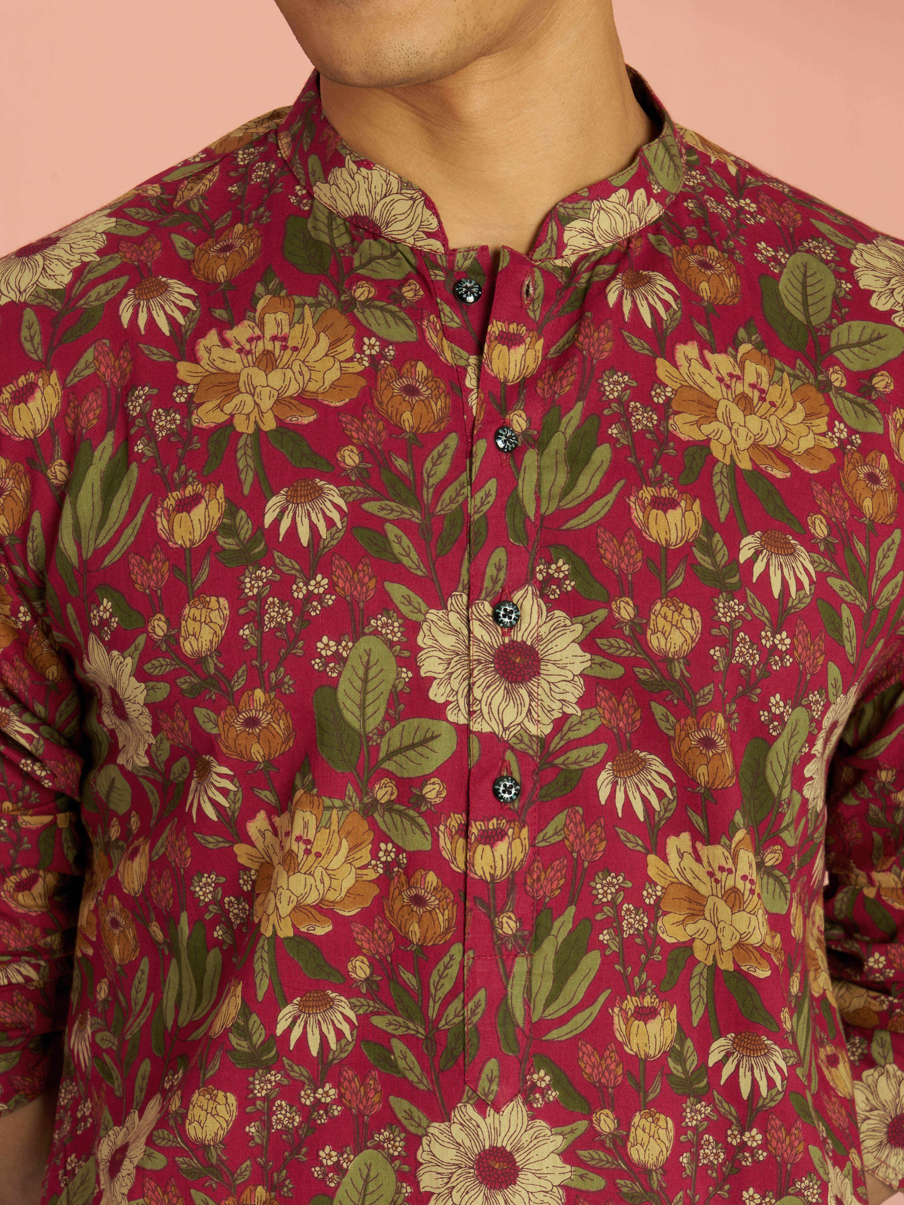 Men's Falsa Cotton Floral Printed Mid-Length Kurta