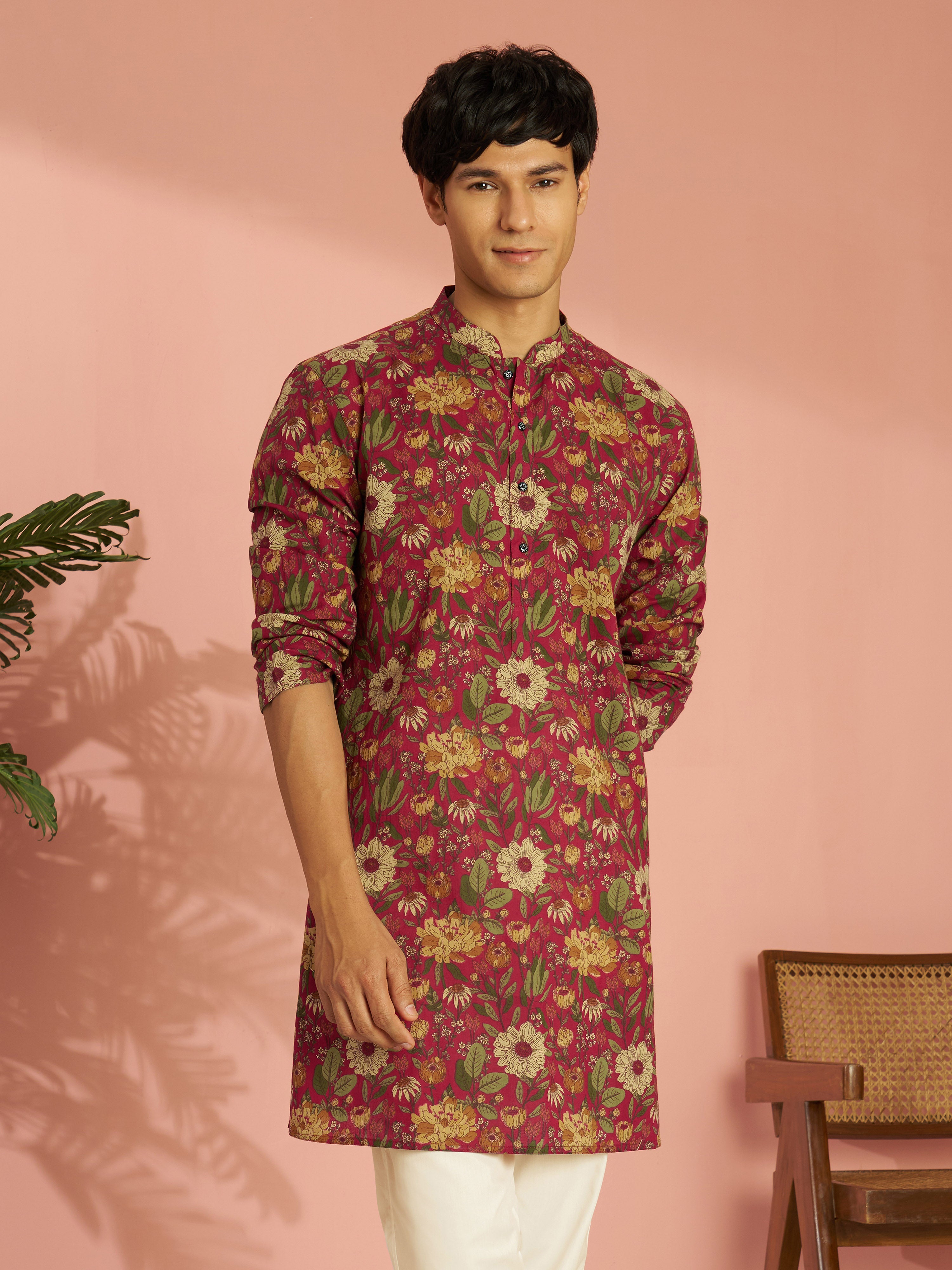 Men's Falsa Cotton Floral Printed Mid-Length Kurta