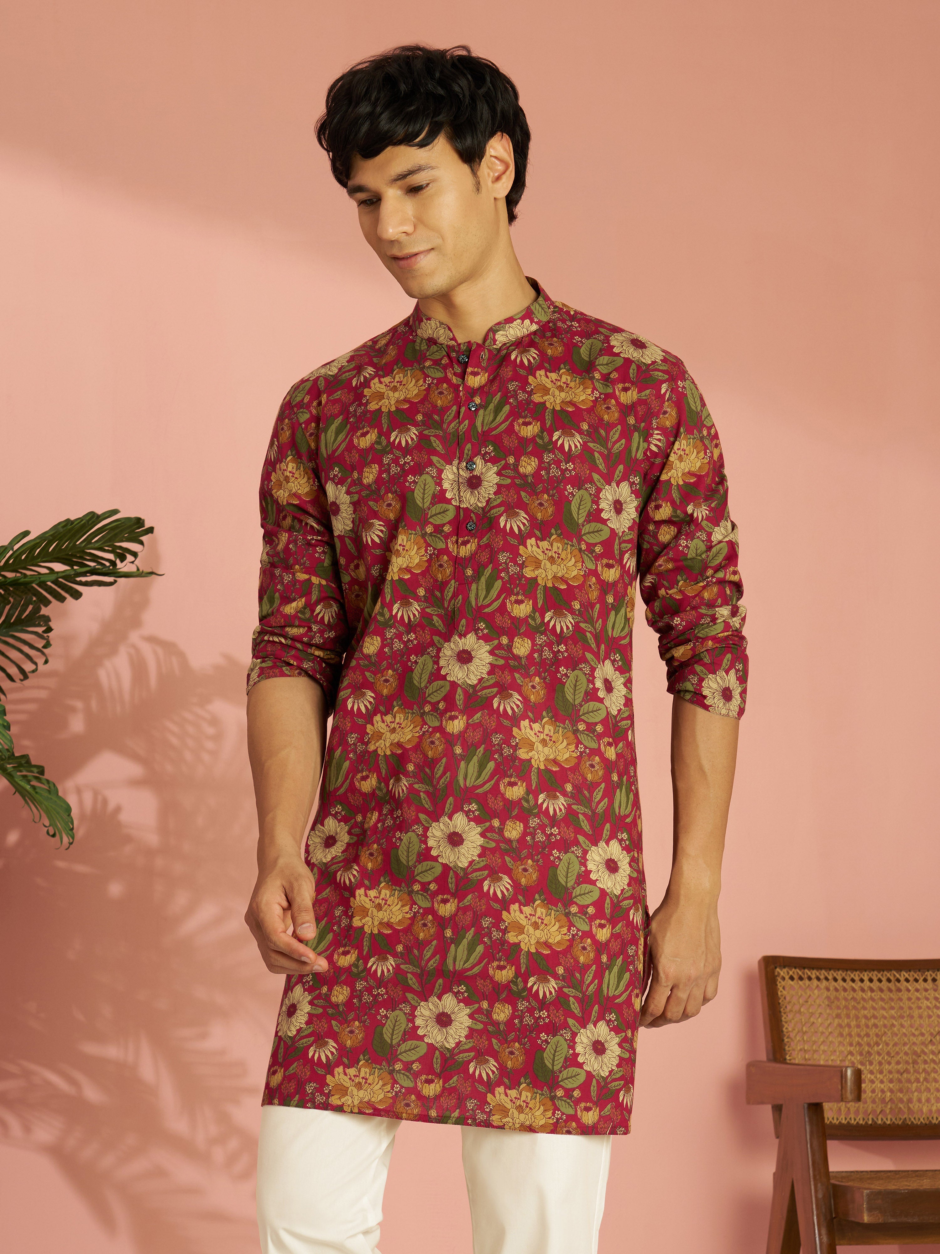 Men's Falsa Cotton Floral Printed Mid-Length Kurta