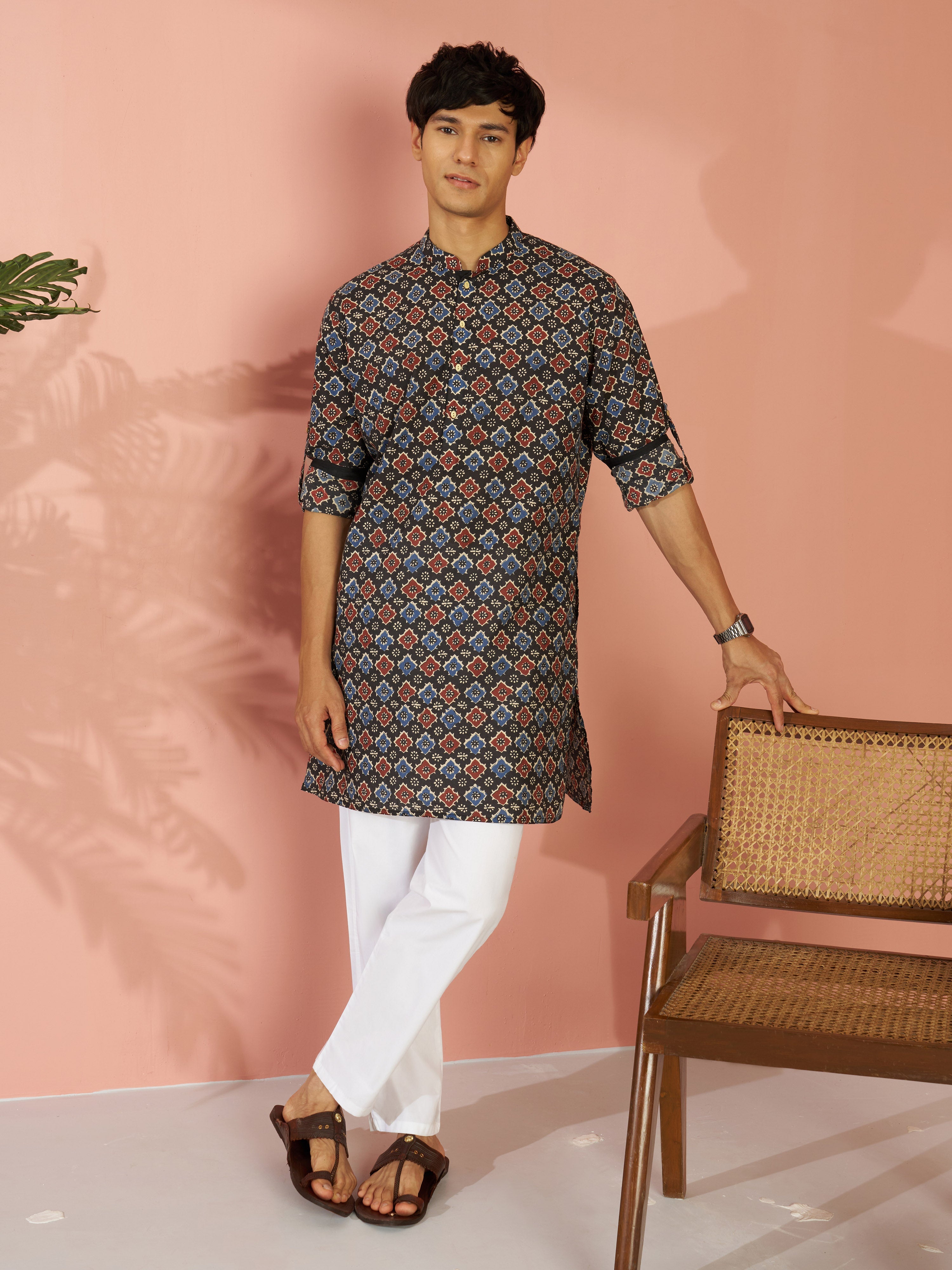 Men's Black Cotton Geometric Printed Cuffed Kurta with White Pyjama Set