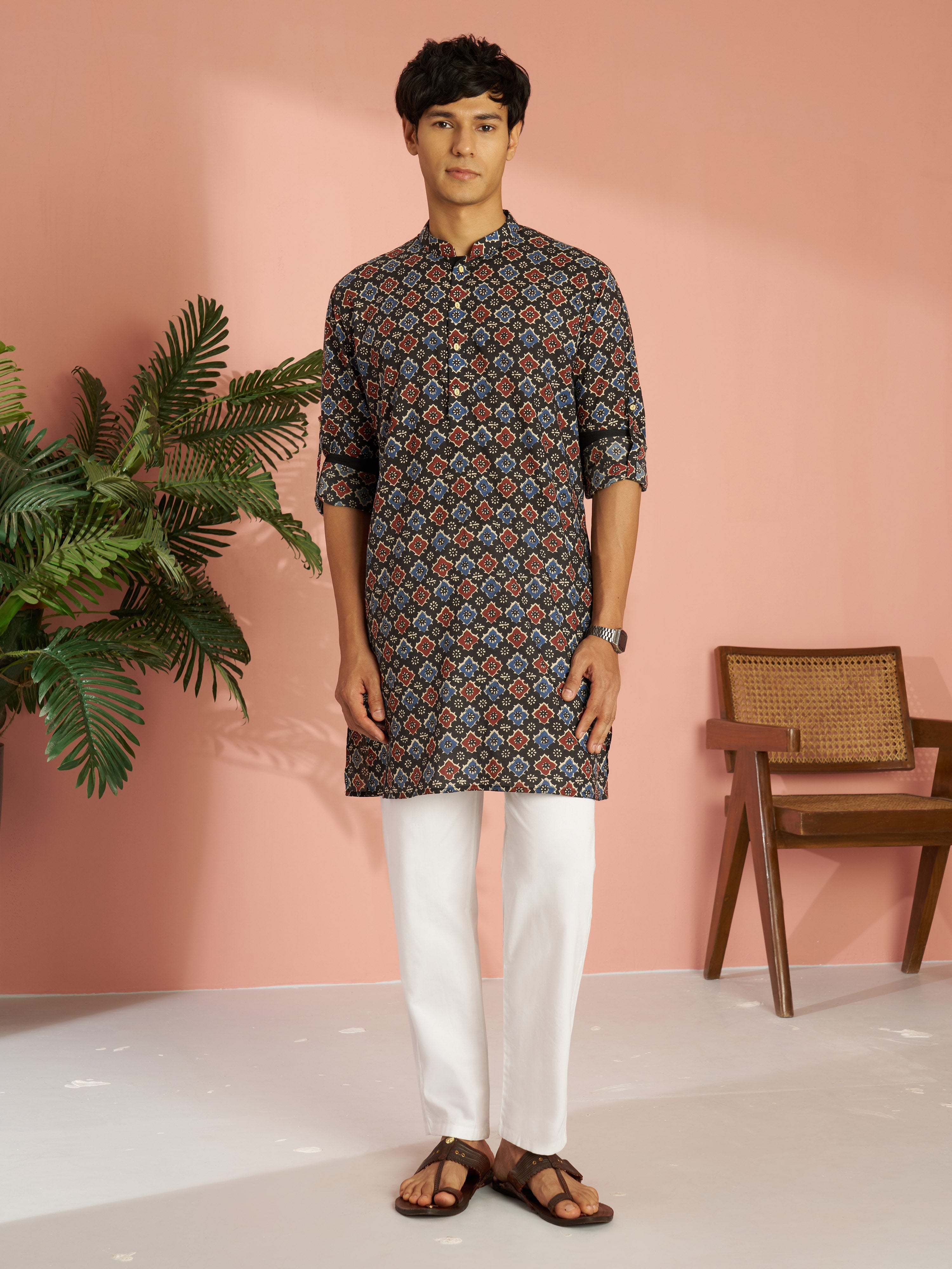 Men's Black Cotton Geometric Printed Cuffed Kurta with White Pyjama Set