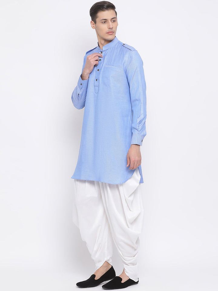 VM BY VASTRAMAY Men's Blue Cotton Blend Kurta and Dhoti Set