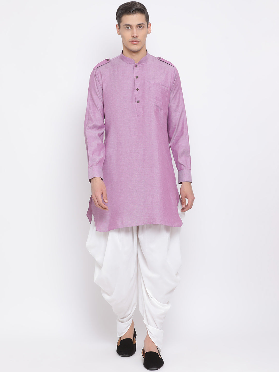 VM BY VASTRAMAY Men's Purple Cotton Blend Kurta and Dhoti Set