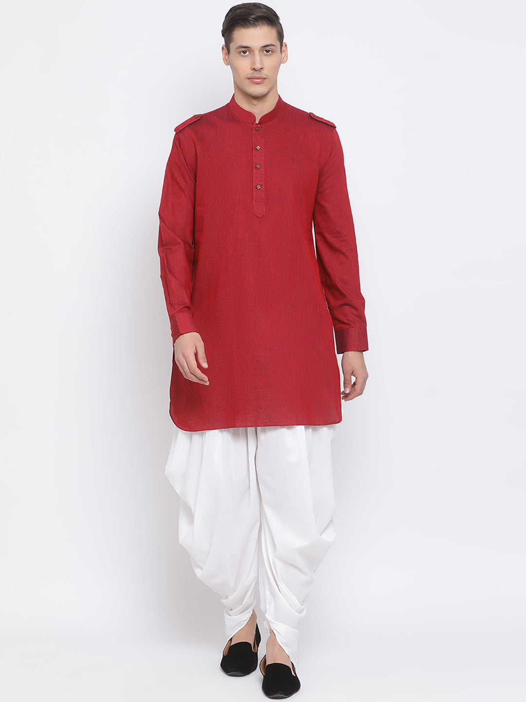 VM BY VASTRAMAY Men's Maroon Cotton Blend Kurta and White Dhoti Set