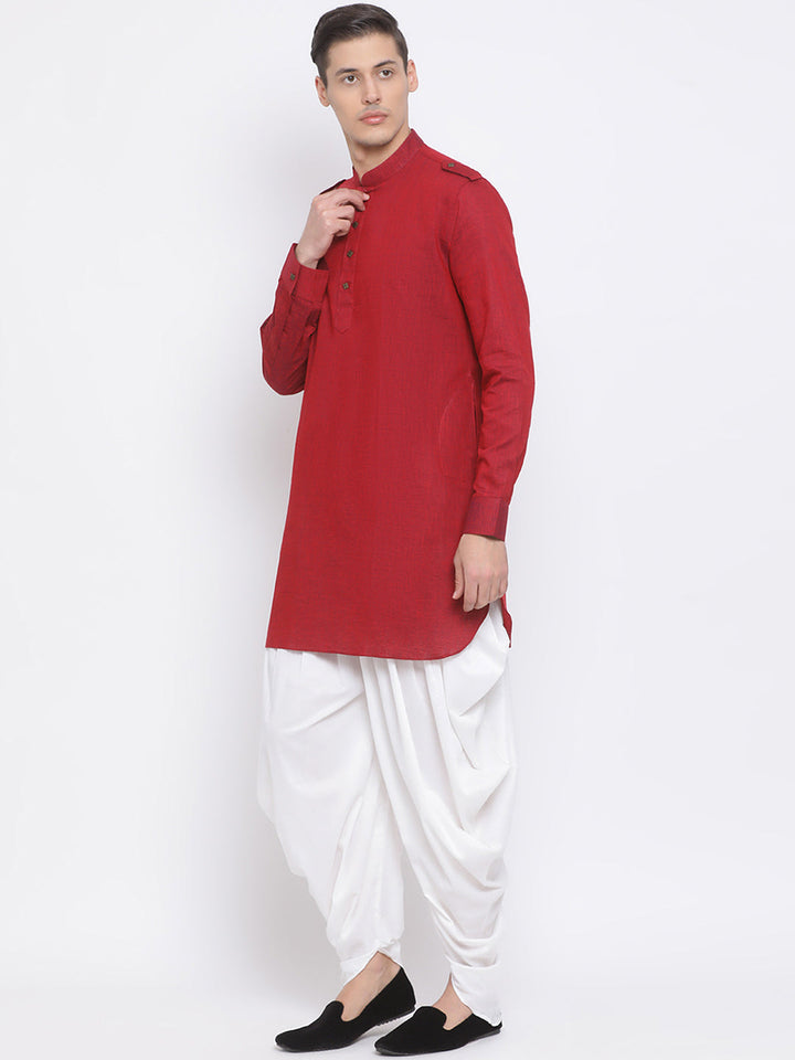 VM BY VASTRAMAY Men's Maroon Cotton Blend Kurta and White Dhoti Set