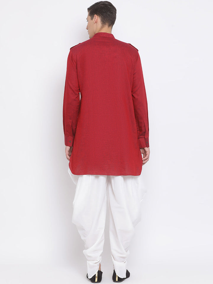 VM BY VASTRAMAY Men's Maroon Cotton Blend Kurta and White Dhoti Set