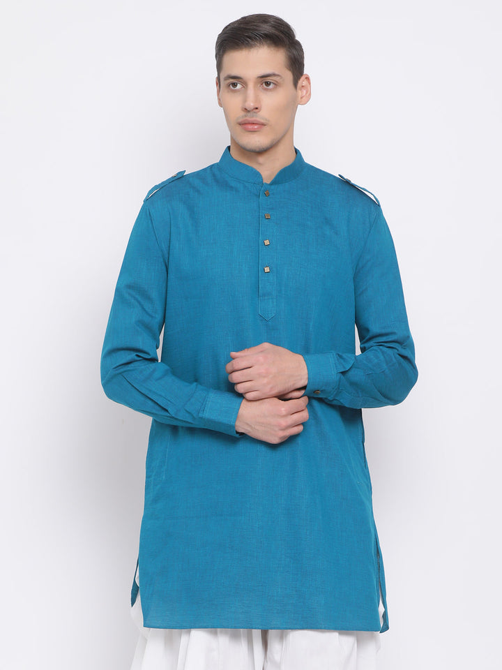 VM BY VASTRAMAY Men's Turquoise Blue Cotton Blend Kurta