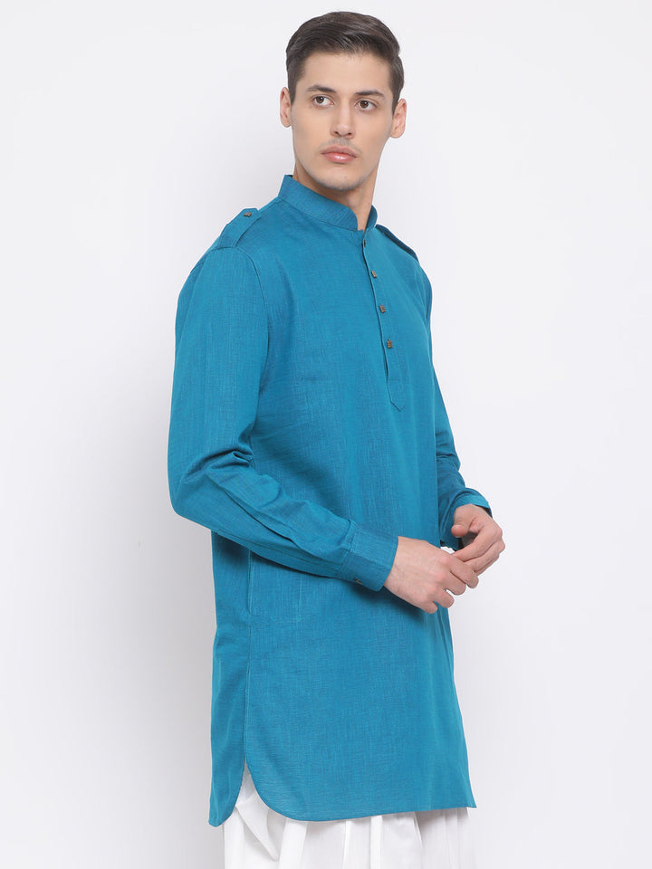 VM BY VASTRAMAY Men's Turquoise Blue Cotton Blend Kurta