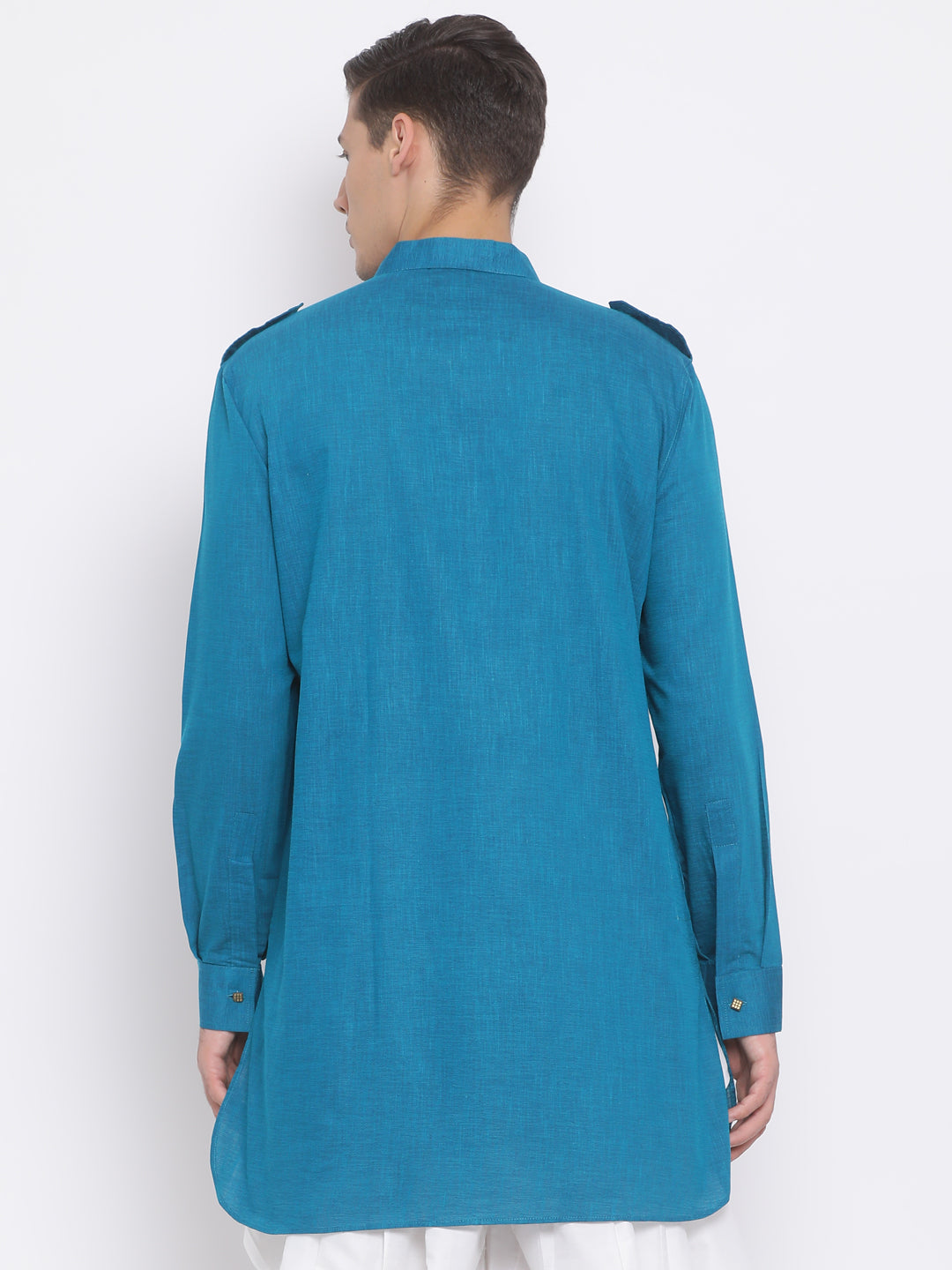 VM BY VASTRAMAY Men's Turquoise Blue Cotton Blend Kurta