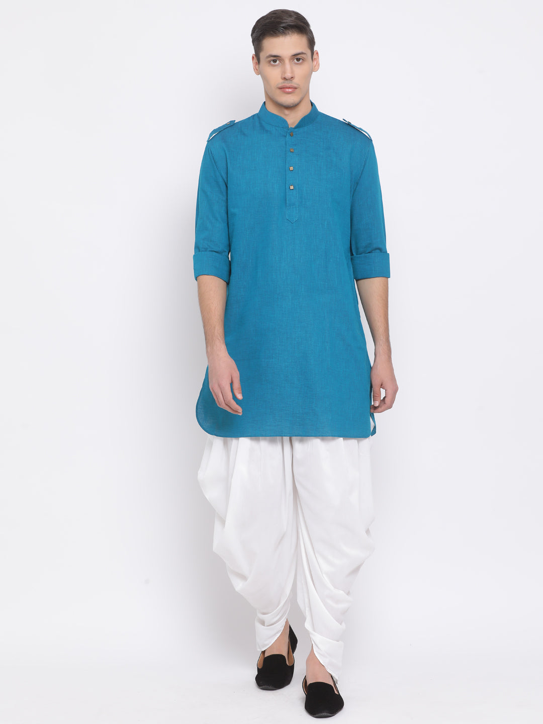 VM BY VASTRAMAY Men's Turquoise Blue Cotton Blend Kurta