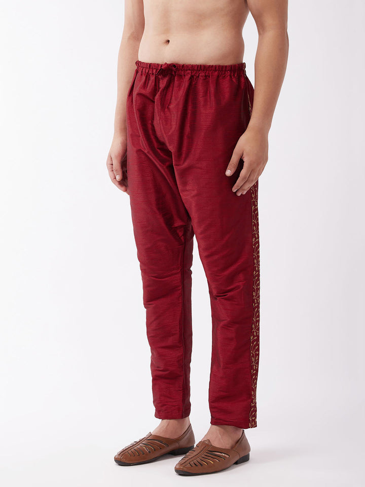 VASTRAMAY Men's Maroon Silk Blend Embroidered Pyjama