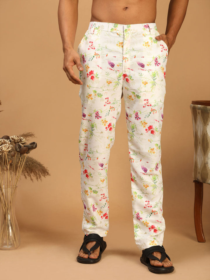 VASTRAMAY Men's Cream Base Multi-Color Rayon Pant Style Pyjama