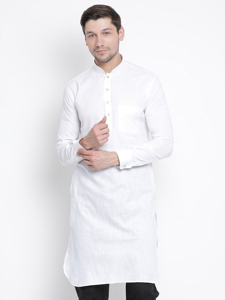 VM BY VASTRAMAY Men's White Cotton Blend Pathani Kurta