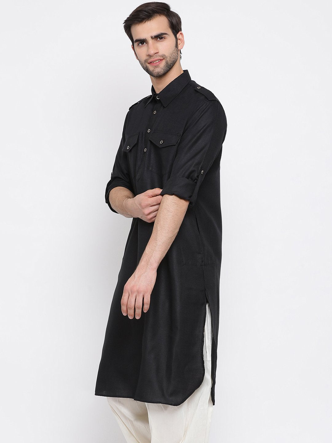 VM By VASTRAMAY Men's Black Cotton Blend Pathani Style Kurta