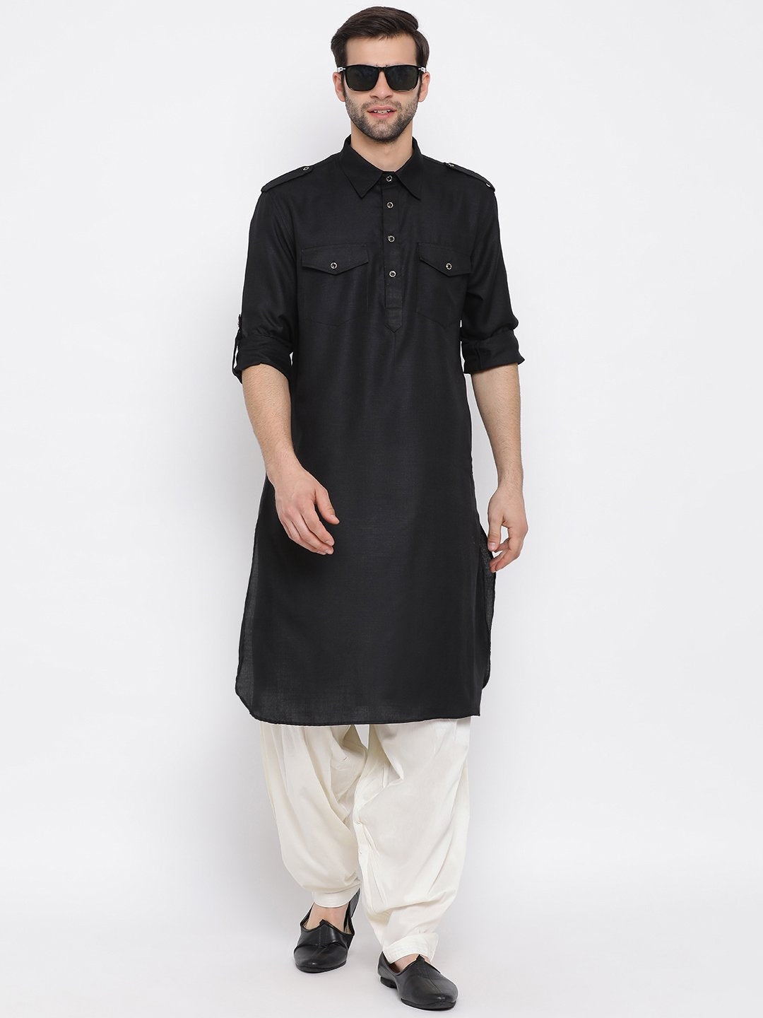 VM By VASTRAMAY Men's Black Cotton Blend Pathani Style Kurta