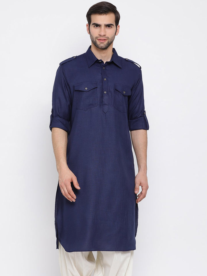 VM By VASTRAMAY Men's Blue Cotton Blend Pathani Style Kurta