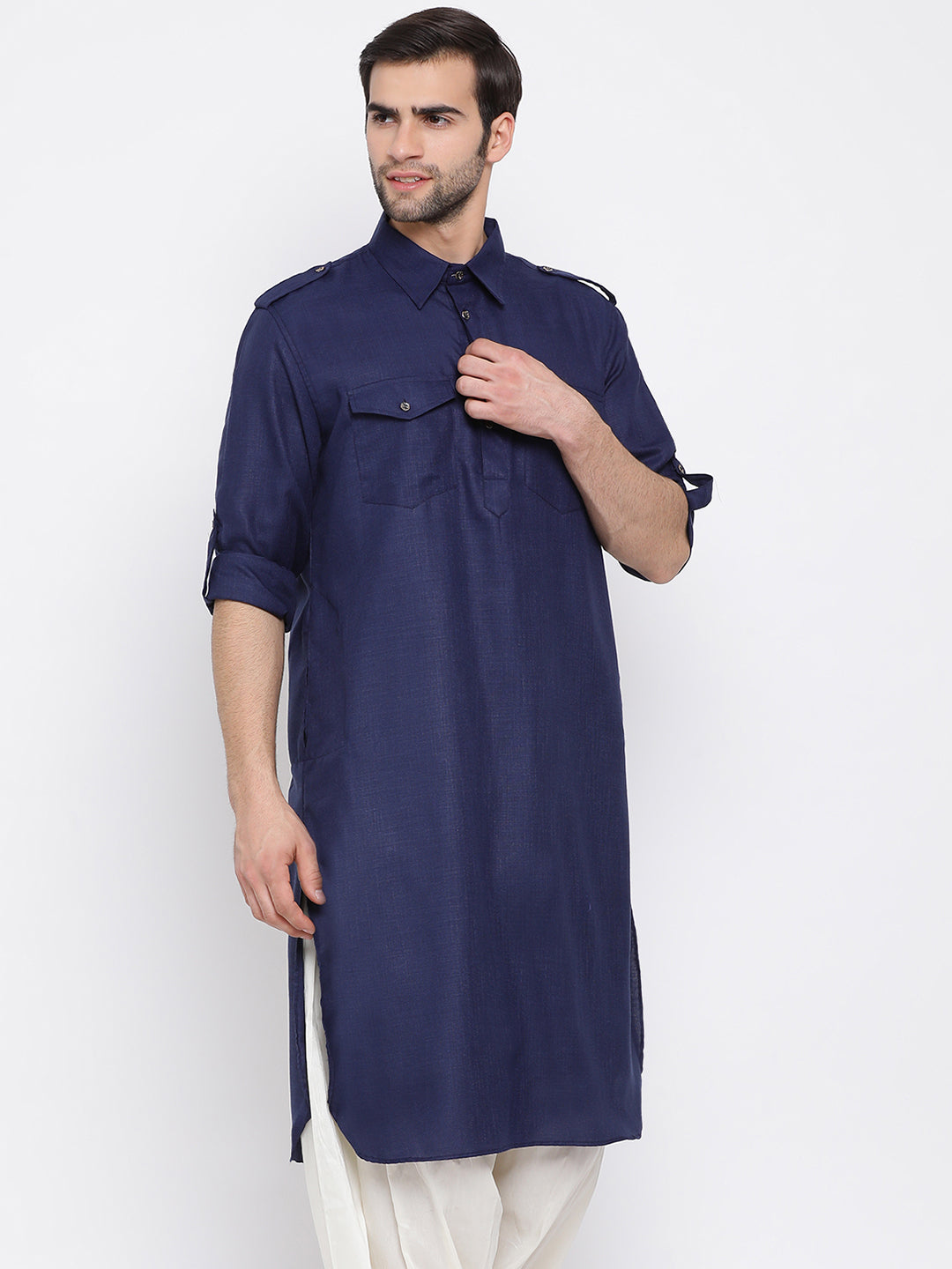 Vastramay Blue Cotton Blend Baap Beta Pathani Kurta