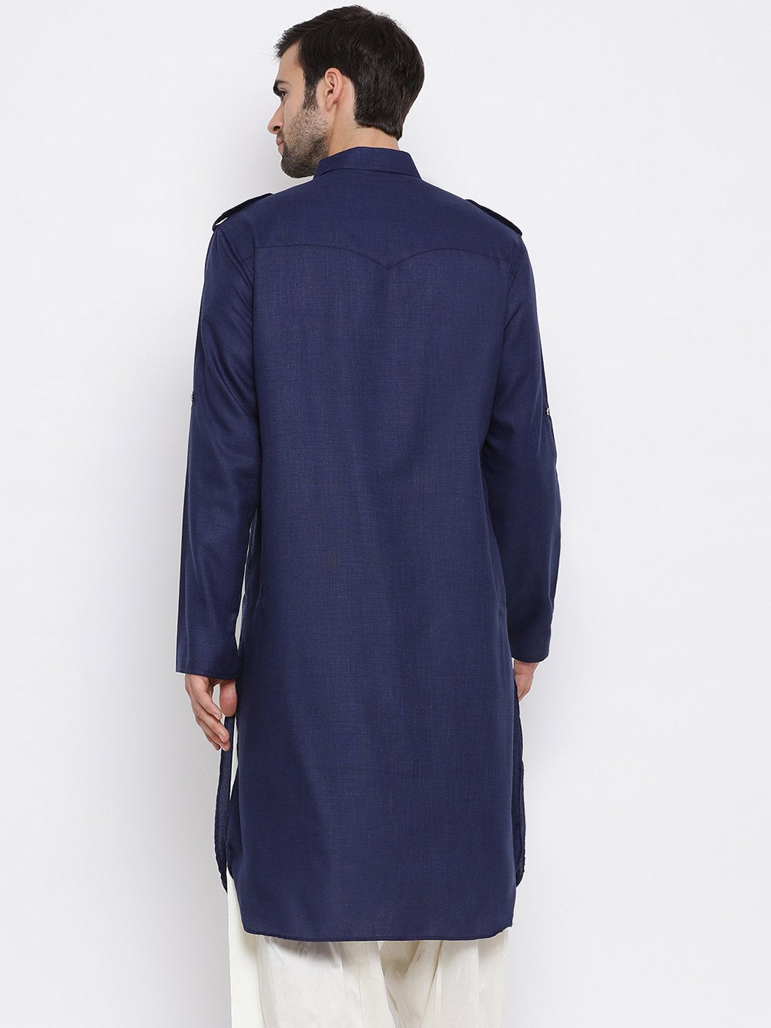 VM By VASTRAMAY Men's Blue Cotton Blend Pathani Style Kurta