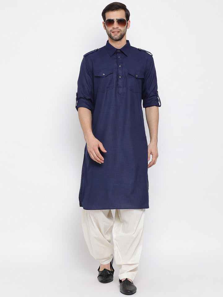 VM By VASTRAMAY Men's Blue Cotton Blend Pathani Style Kurta