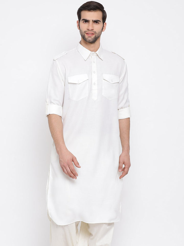 VM By VASTRAMAY Men's Cream Cotton Blend Pathani Style Kurta