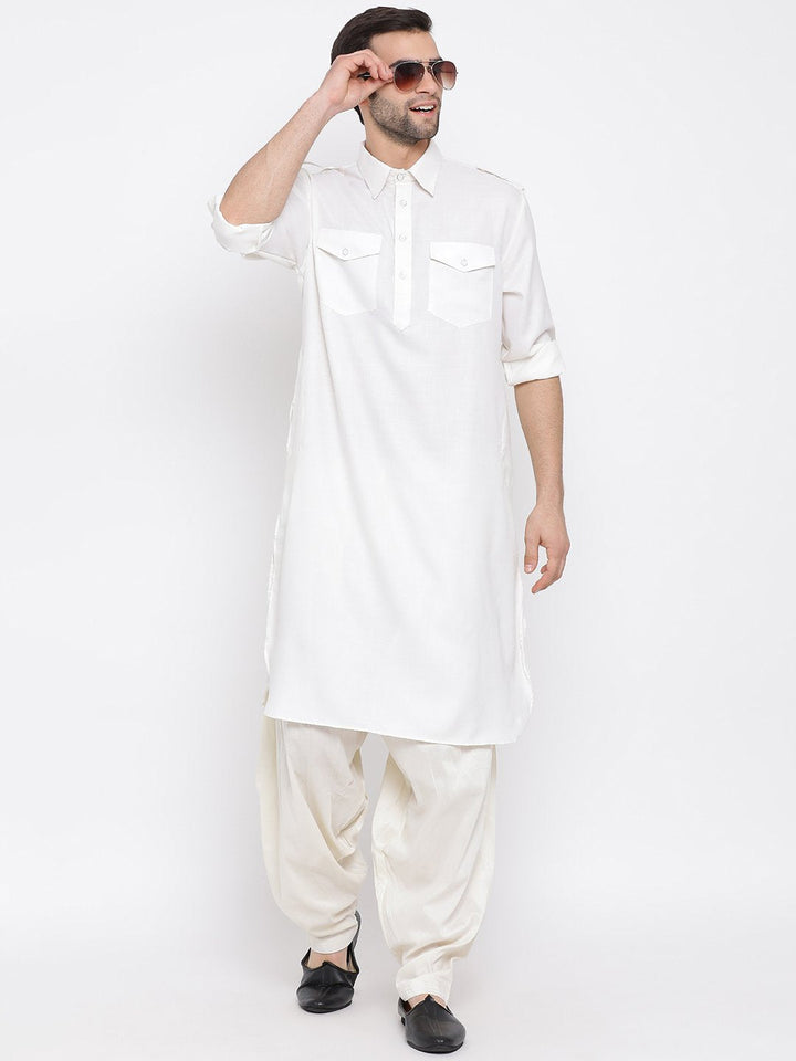 VM By VASTRAMAY Men's Cream Cotton Blend Pathani Style Kurta