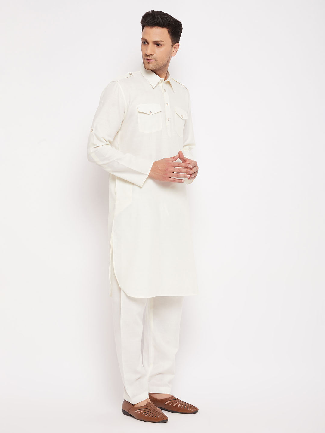 VM BY VASTRAMAY Men's Cream Pathani Suit Set