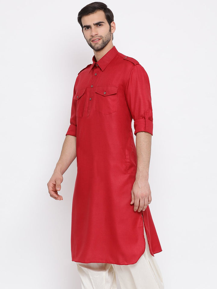 VM By VASTRAMAY Men's Maroon Cotton Blend Pathani Style Kurta