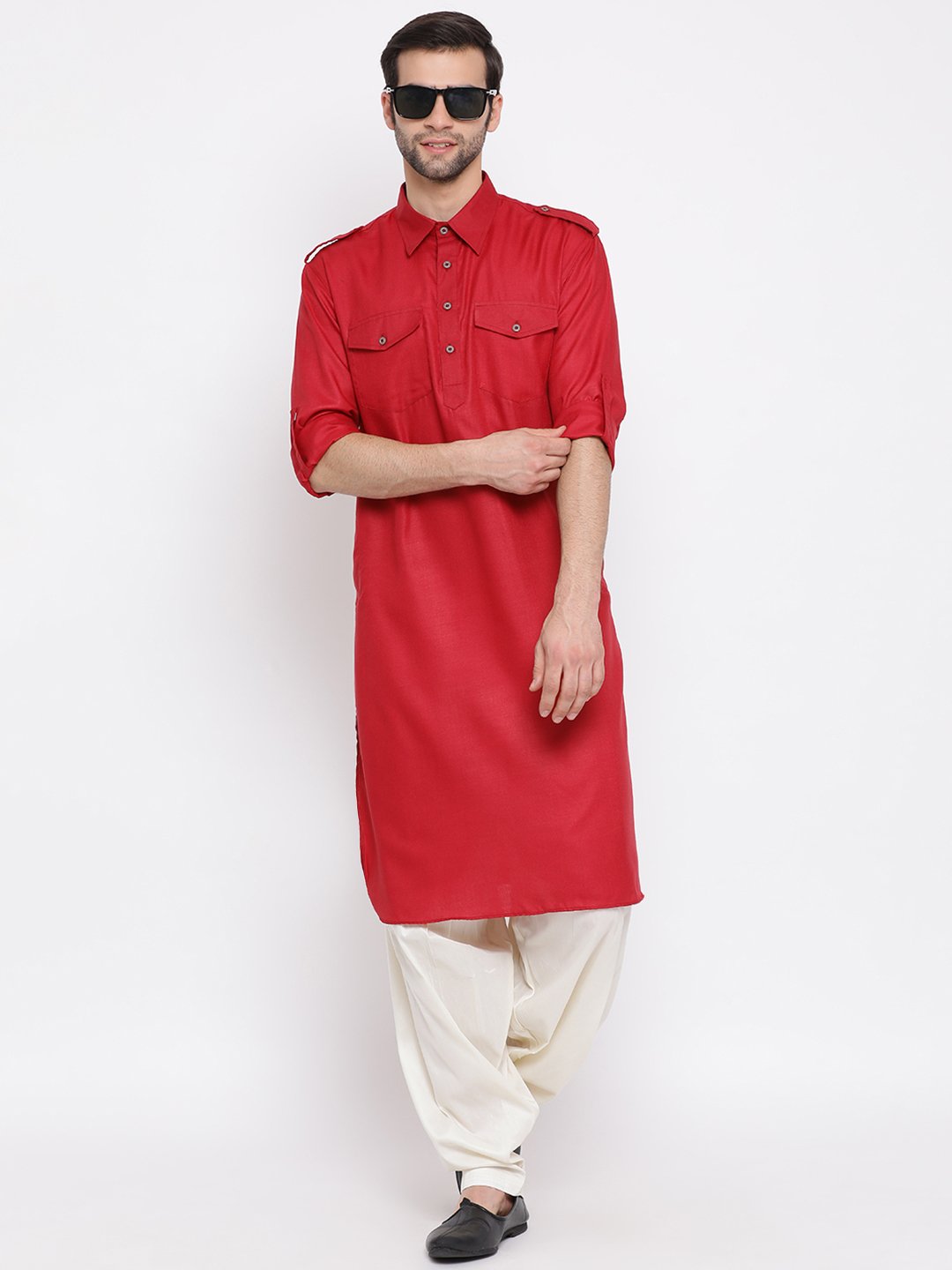 VM By VASTRAMAY Men's Maroon Cotton Blend Pathani Style Kurta