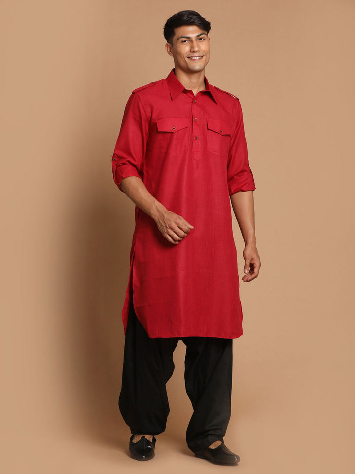 VM By VASTRAMAY Men's Maroon  And Black Cotton Blend Pathani Suit Set