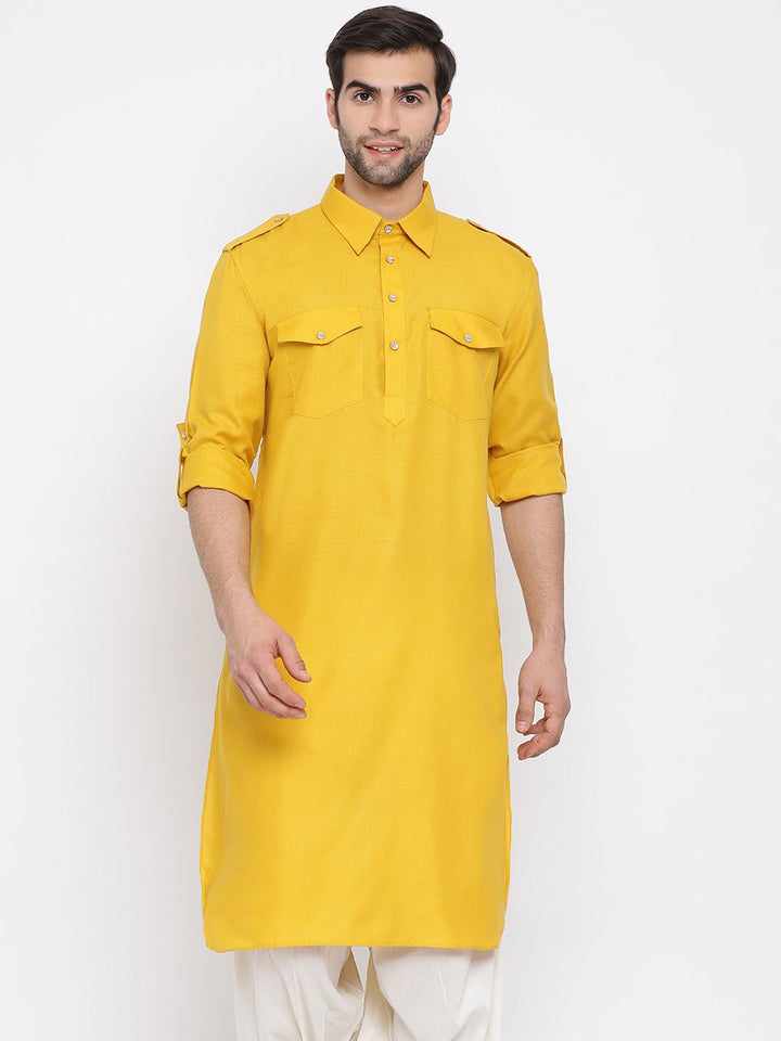 VM By VASTRAMAY Men's Mustard Cotton Blend Pathani Style Kurta