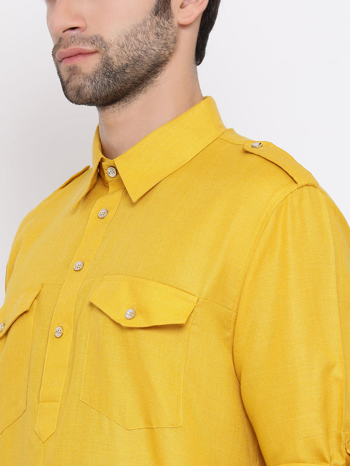 Vastramay Yellow Cotton Blend Baap Beta Pathani Kurta