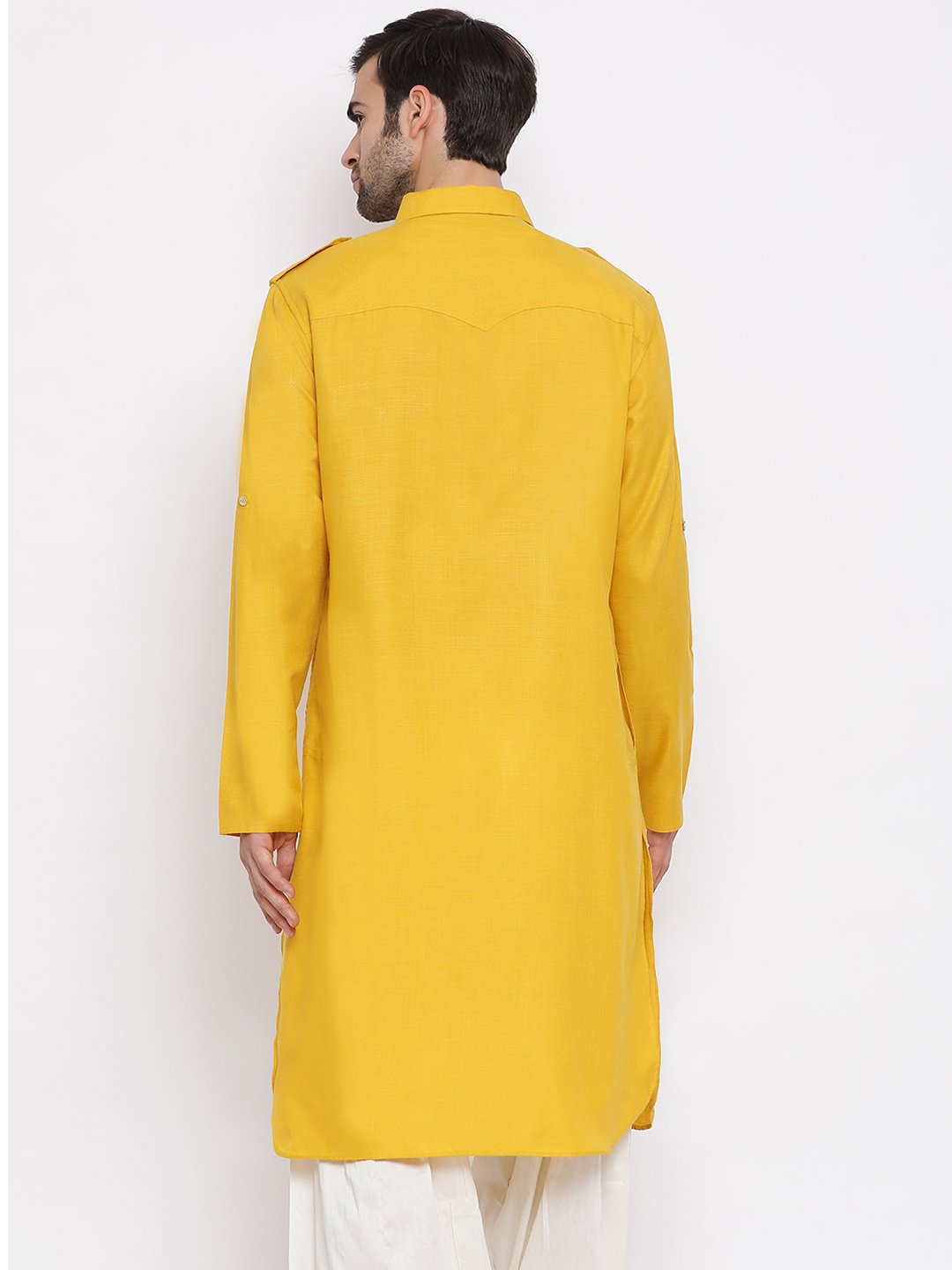 VM By VASTRAMAY Men's Mustard Cotton Blend Pathani Style Kurta