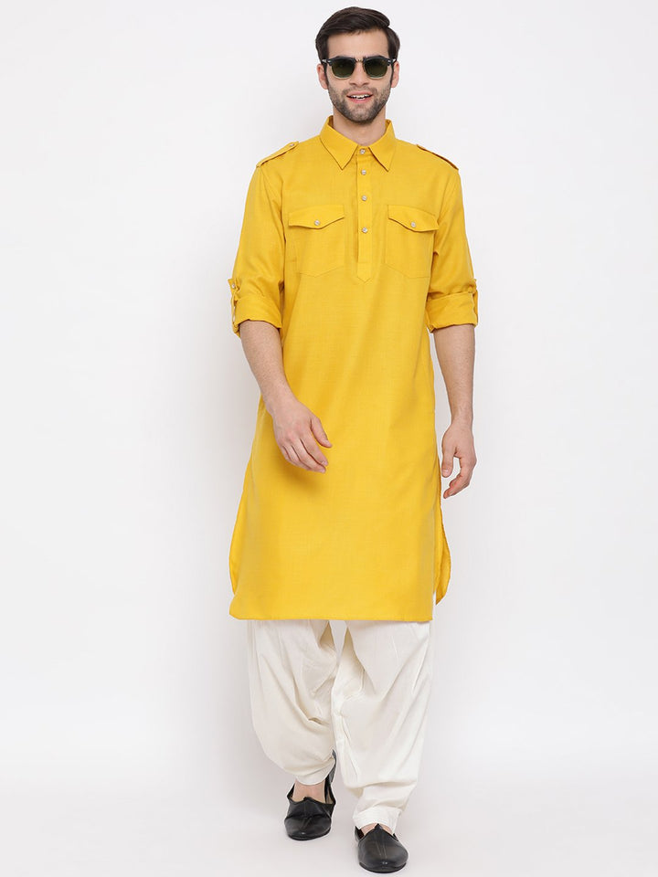 VM By VASTRAMAY Men's Mustard Cotton Blend Pathani Style Kurta