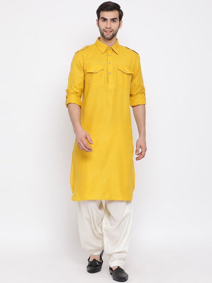 VM By VASTRAMAY Men's Mustard Cotton Blend Pathani Suit Set